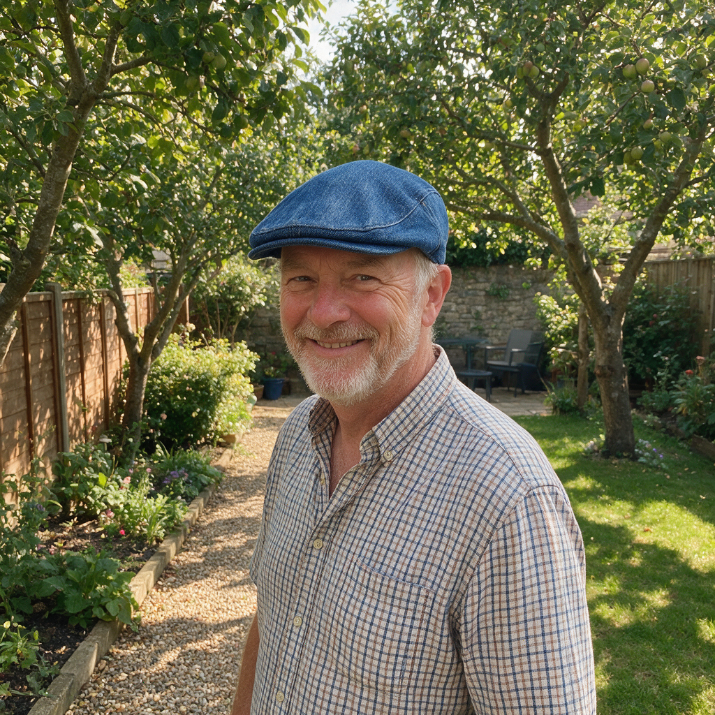 Wearing the Denim Vintage Cap in the garden