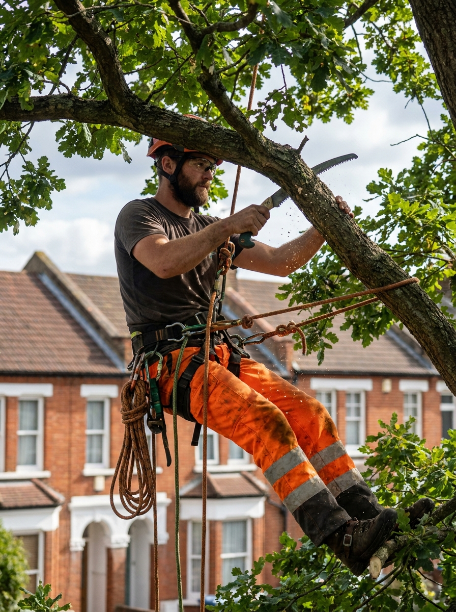 Canopy Tree Care arborist harnessed in a tree, pruning a branch with a hand saw