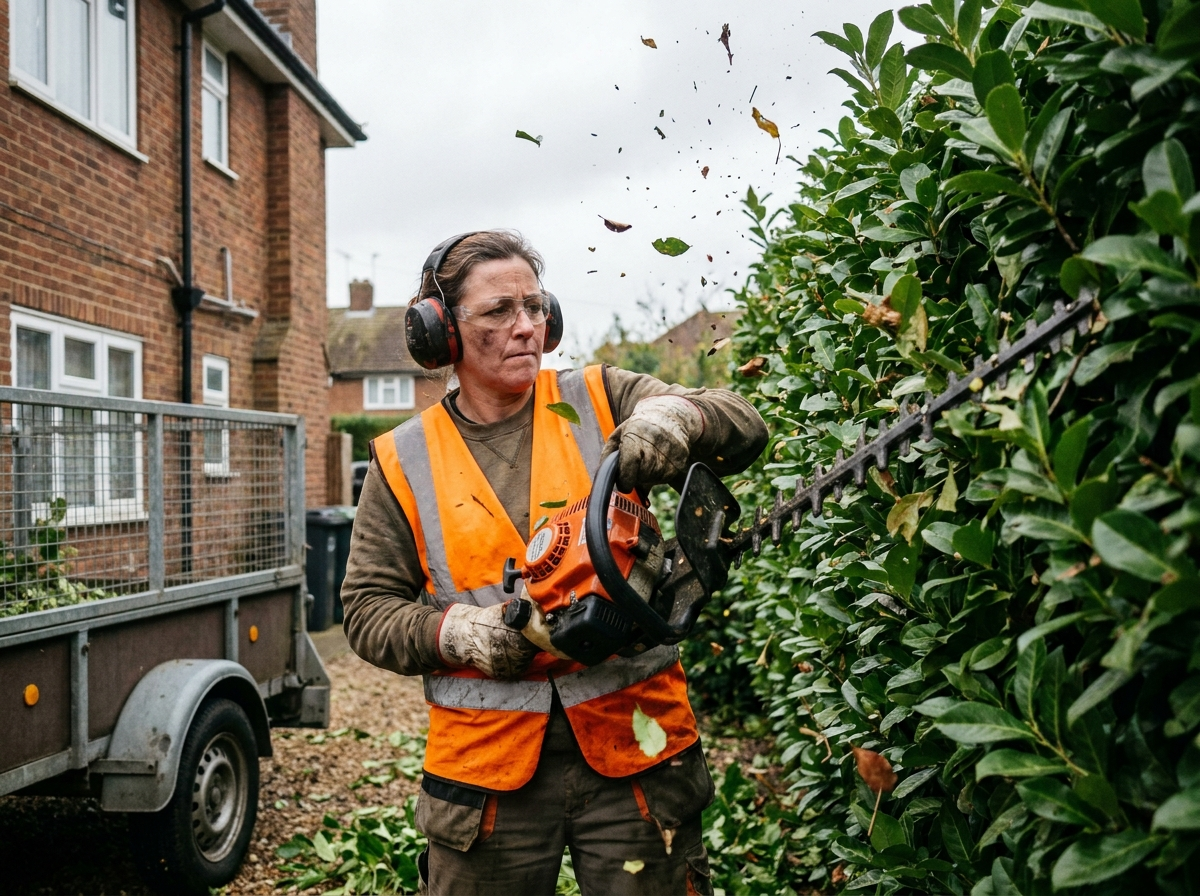 Hedge trimming in progress on a residential garden hedge