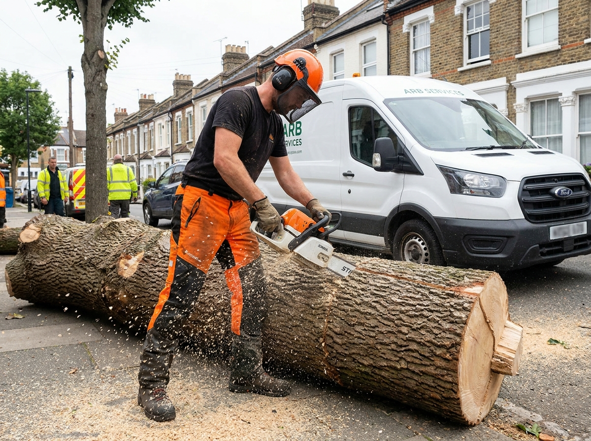 Tree surgeon using a chainsaw to section a fallen tree into logs