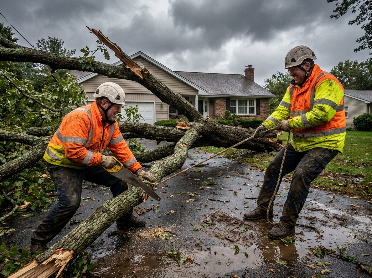 Two arborists clearing a fallen branch from a driveway after a storm