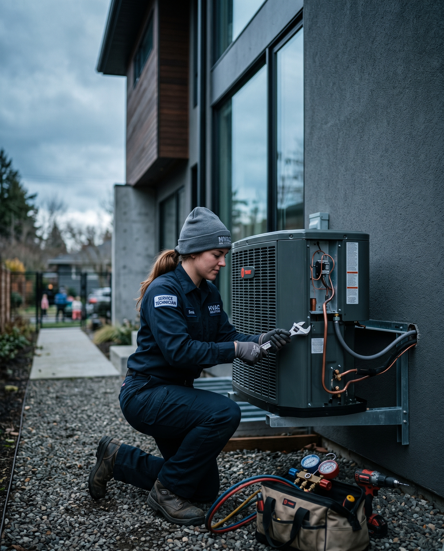 Technicien installant une unité de climatisation extérieure