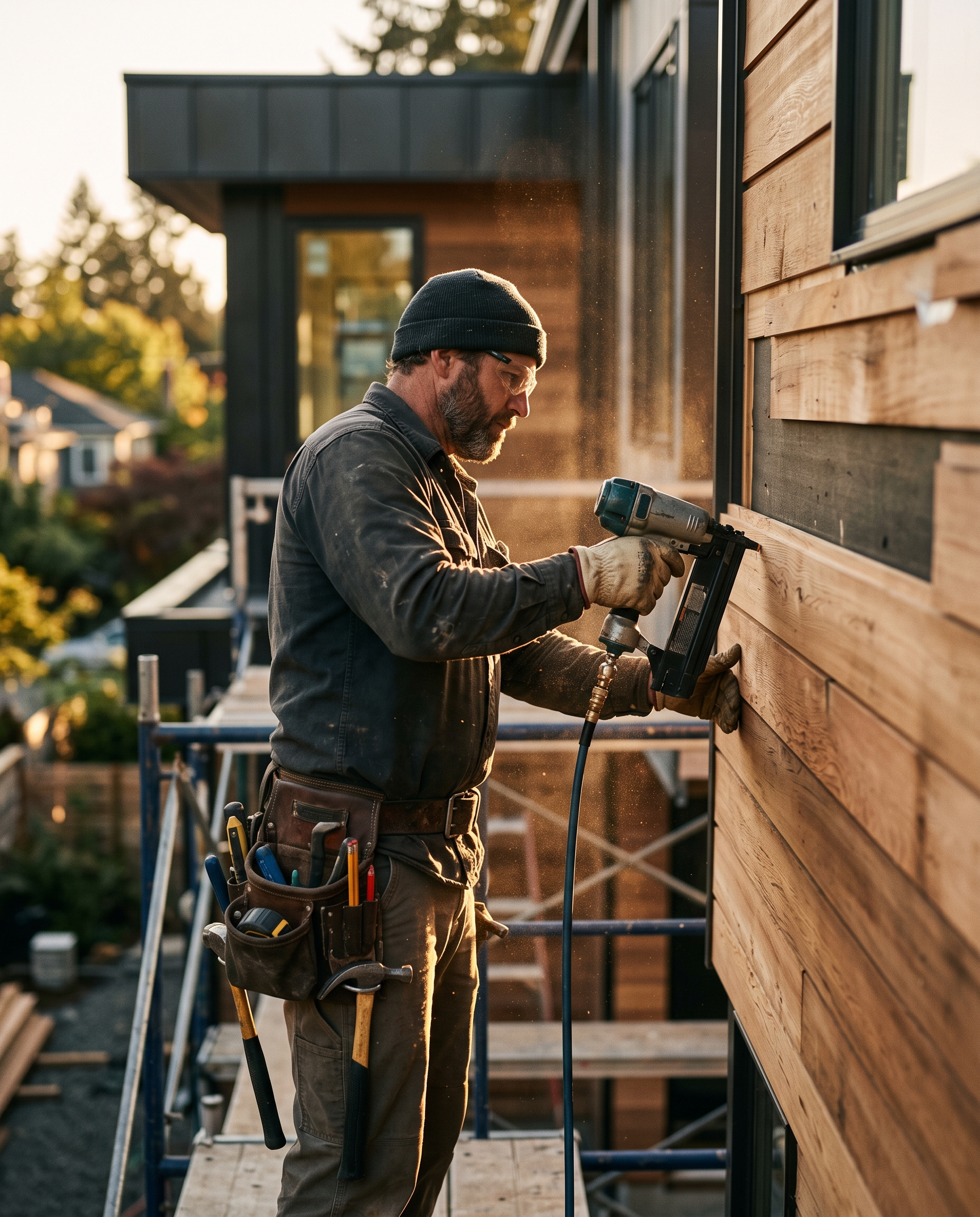 Contracteur en rénovation installant un bardage extérieur