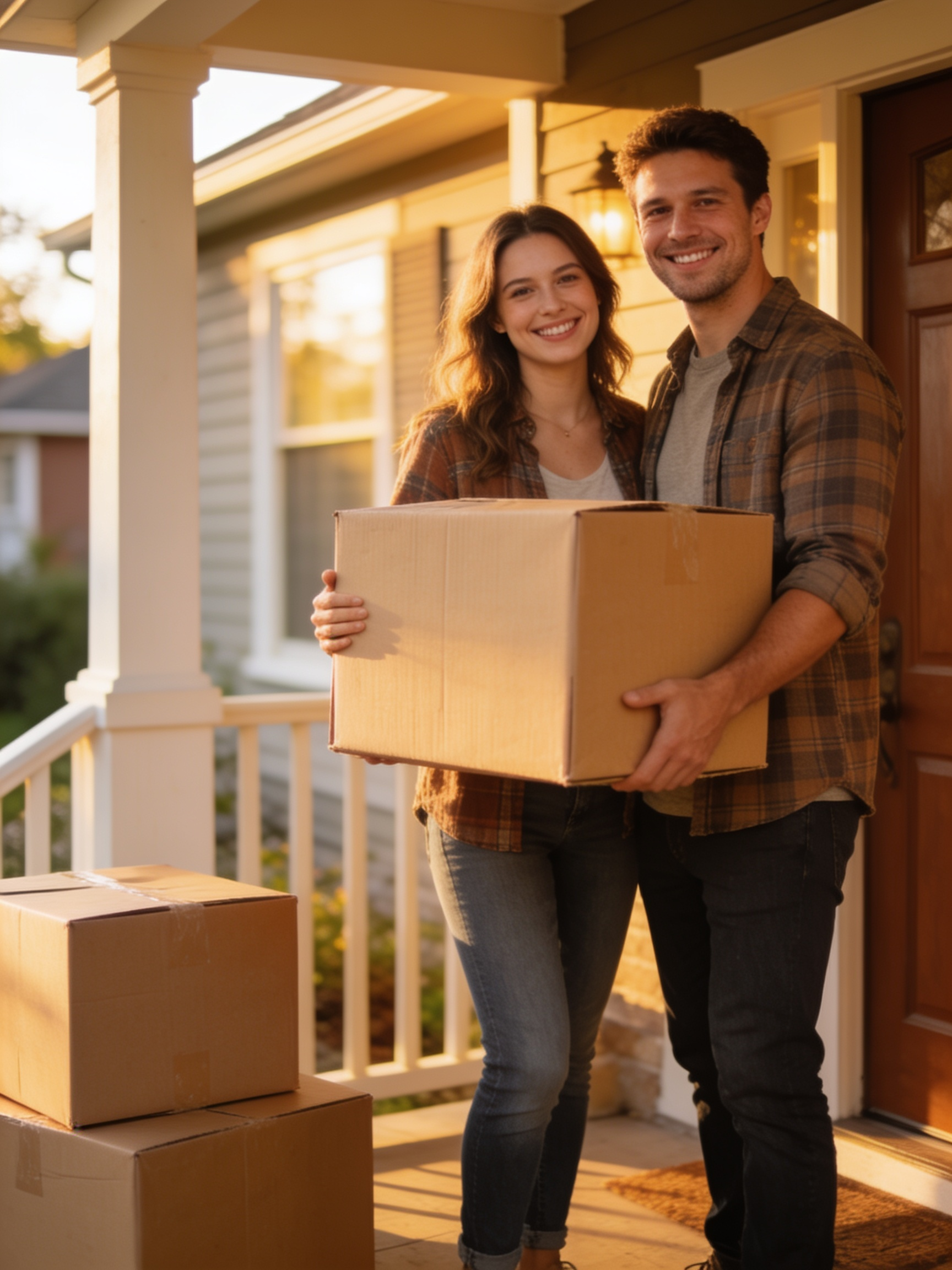 A happy couple moving into their new home