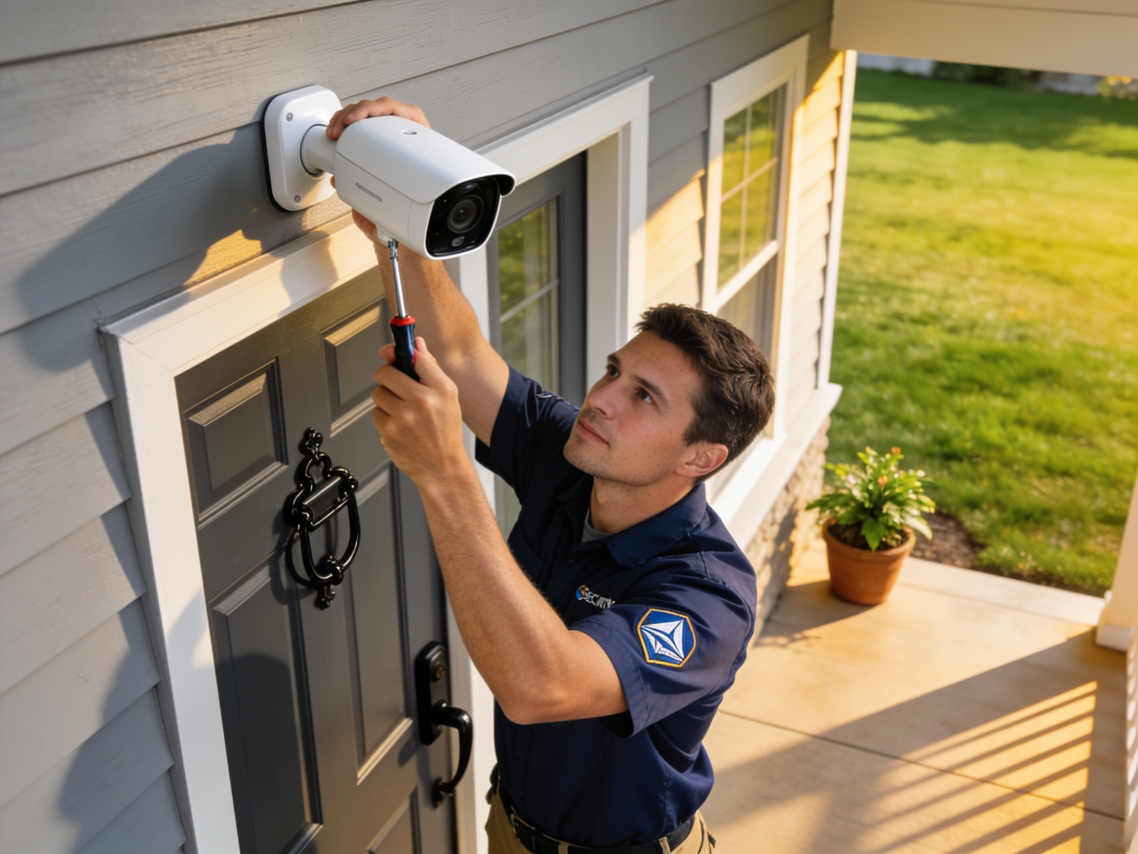 A technician installing a smart home security camera