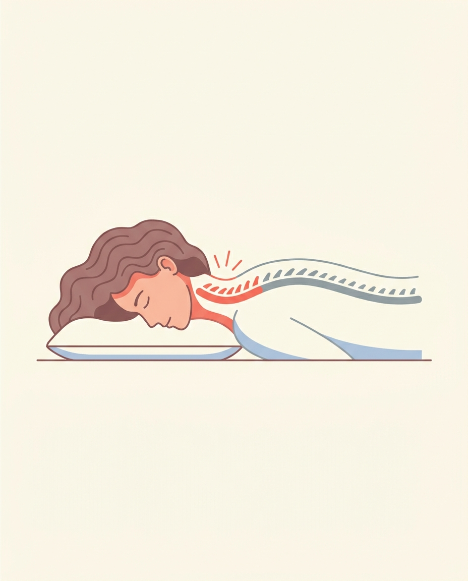 Illustration de la colonne cervicale en position de sommeil sur un oreiller plat — alignement défavorable