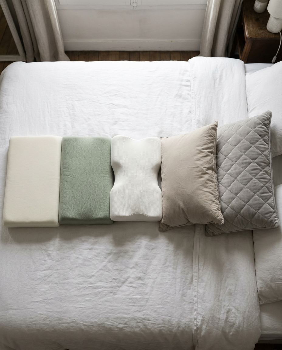 Comparatif visuel de 5 catégories d'oreillers ergonomiques alignées sur un drap blanc