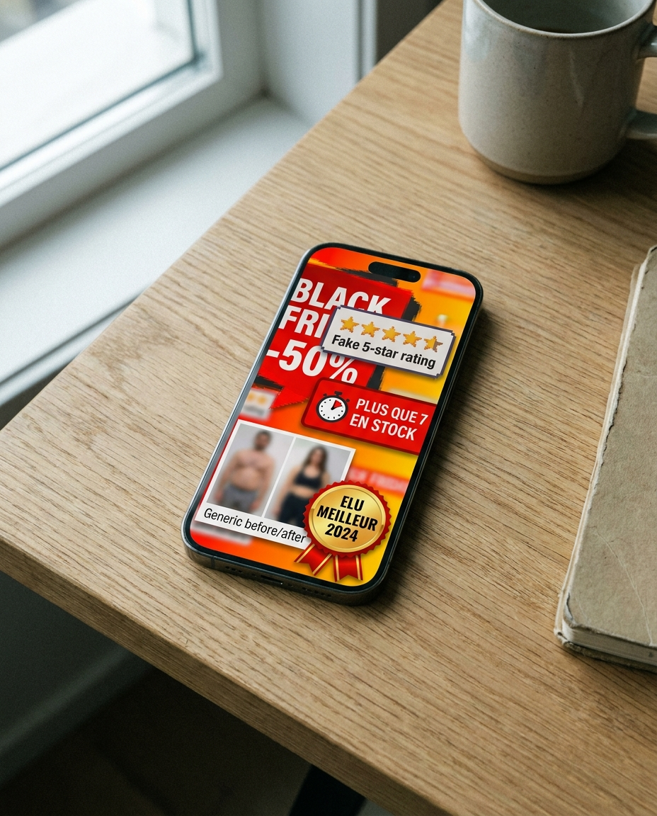 Smartphone avec un collage de publicités d'oreiller stéréotypées : compte à rebours, fausses étoiles, prix barrés, badges 'Élu meilleur de 2024'