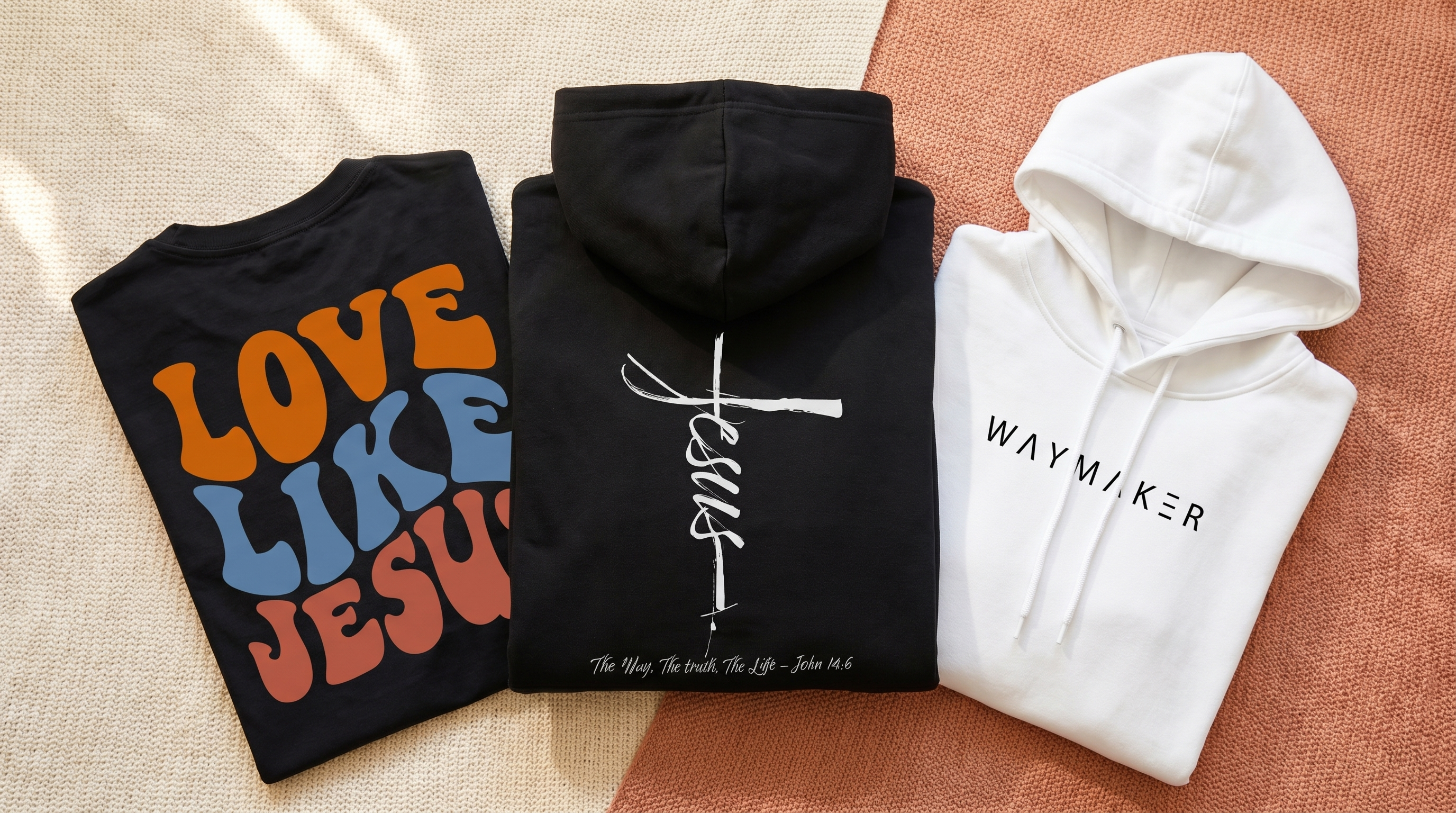 Flatlay aus christlichen Streetwear Hoodies und Oversized Shirt von Mountain Movers