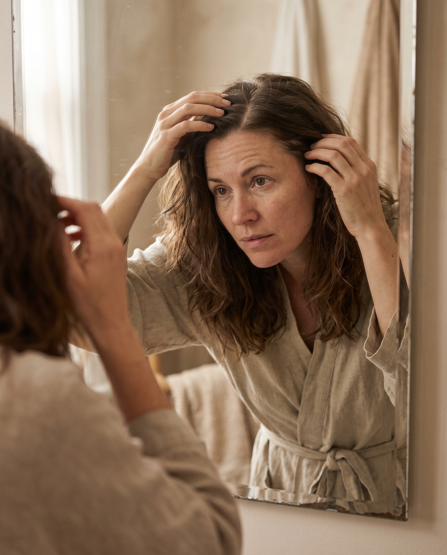 A woman noticing her widening parting in the mirror