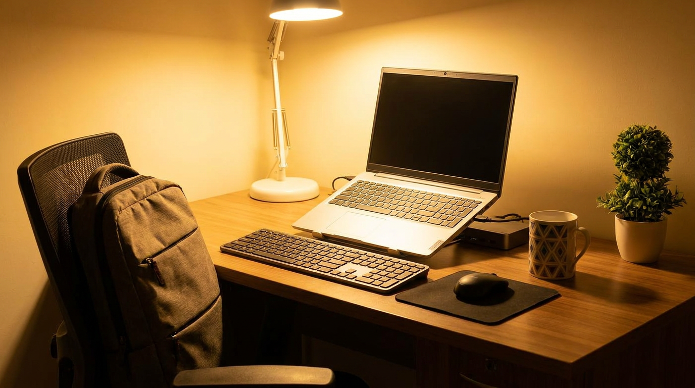 Targus business accessories on Indian office desk - docking station, backpack and peripherals