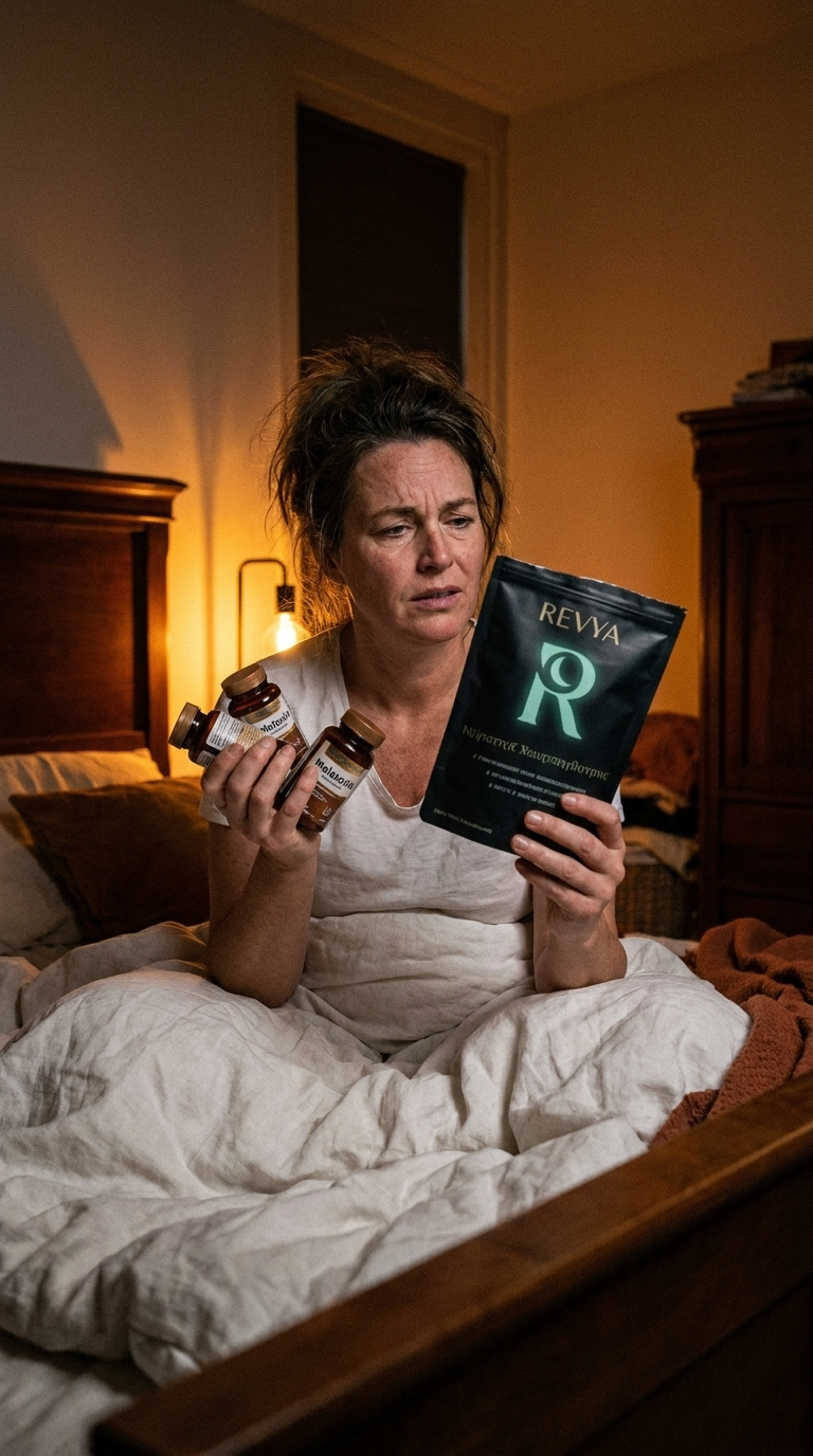Persoon houdt melatonine en Revya Night Restore vast