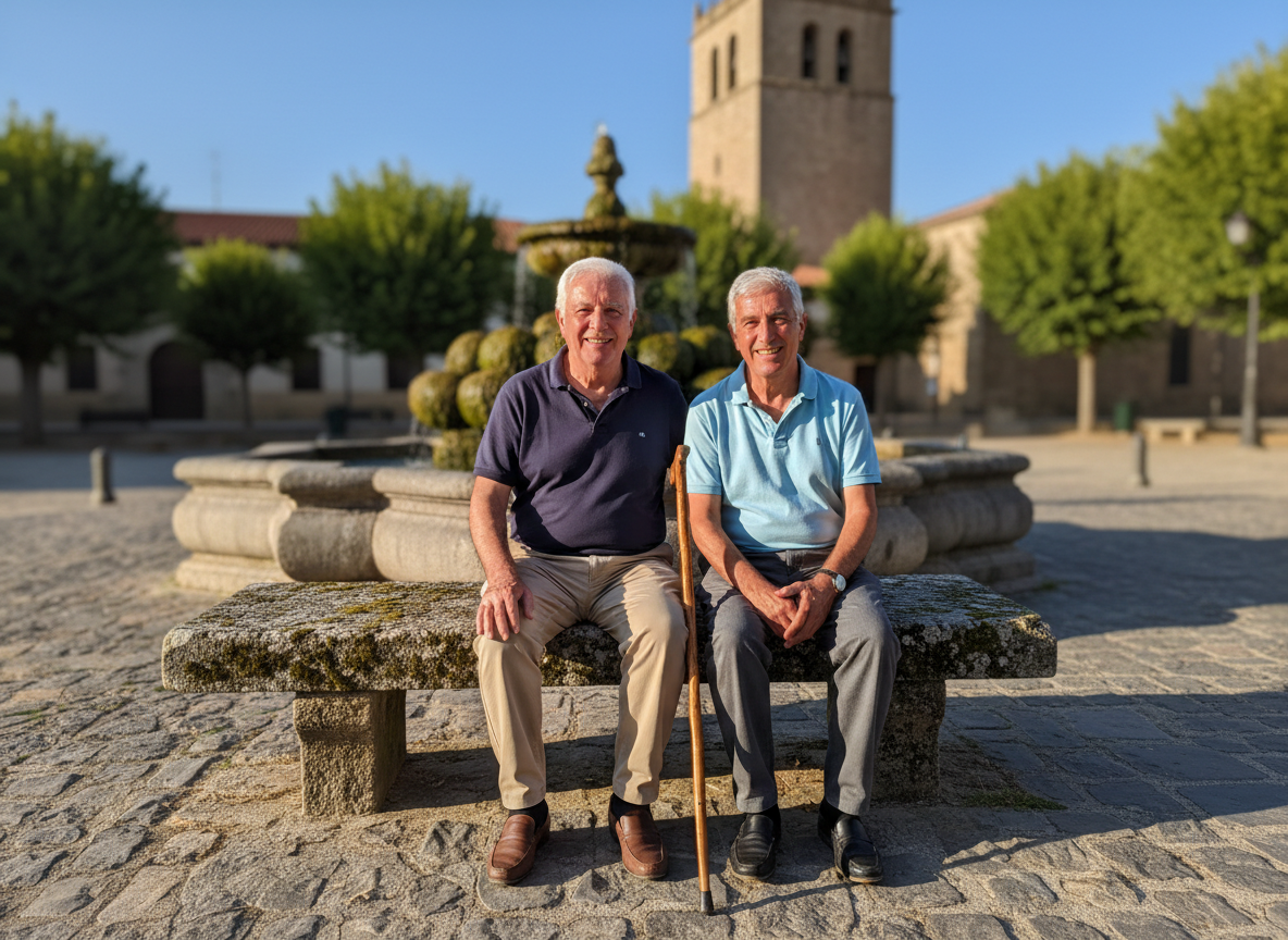 Antonio y Julián sentados en un banco de pueblo