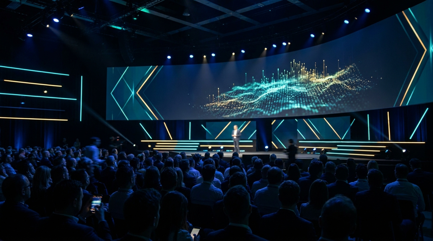 Technology conference keynote stage with teal and gold lighting