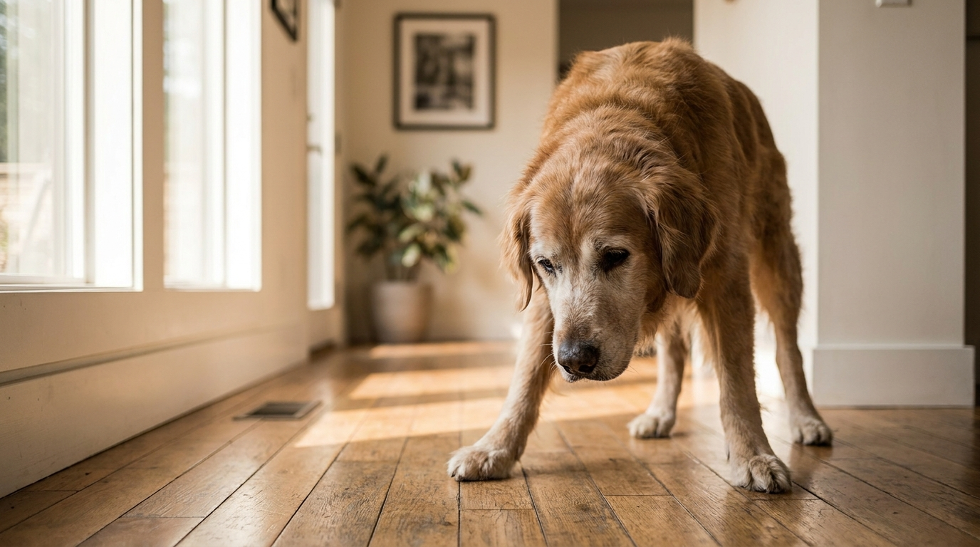 Senior dog hesitating on a hardwood floor, legs slightly splayed