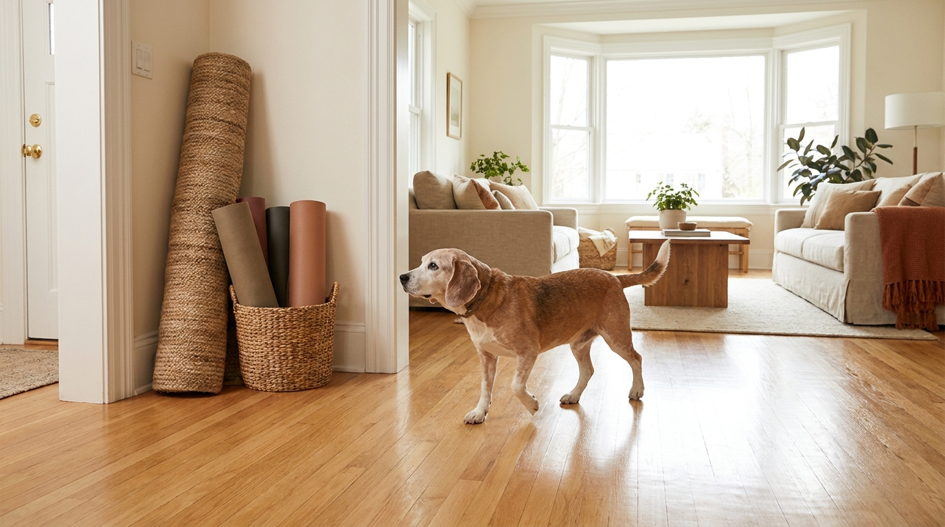 Bright living room with clear hardwood floors, rugs rolled up against the wall, senior dog walking confidently