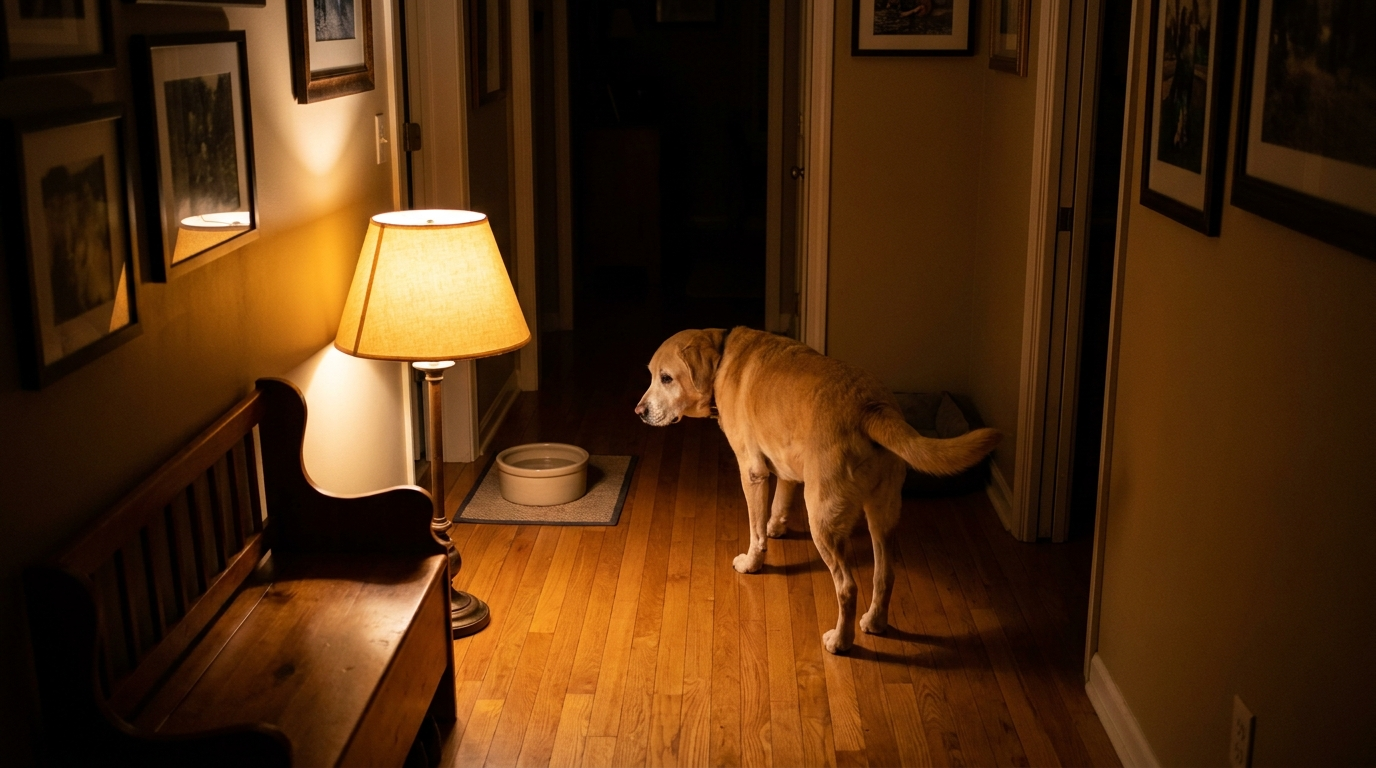 Senior dog walking calmly down a lamp-lit hallway at night toward a water bowl
