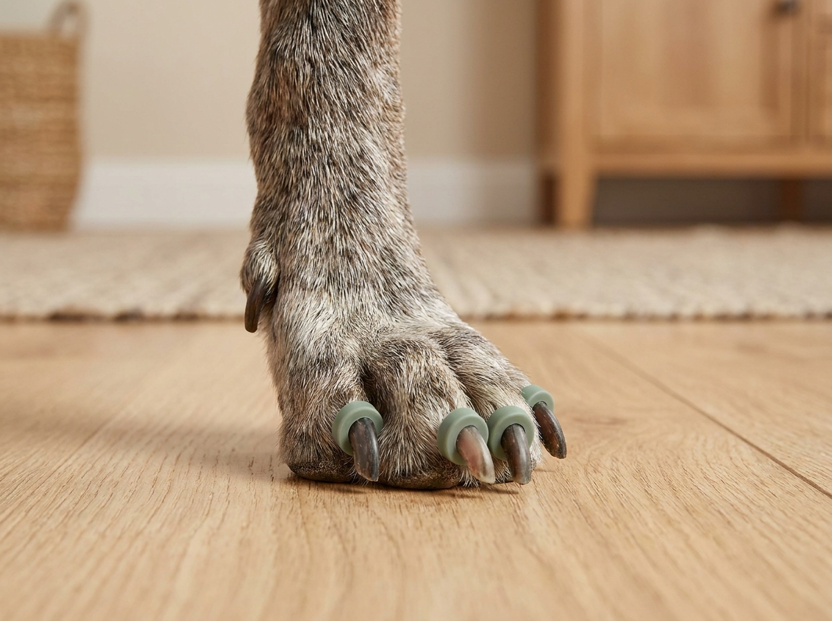 Close-up of soft rubber grip rings seated on a senior dog's toenails on hardwood flooring