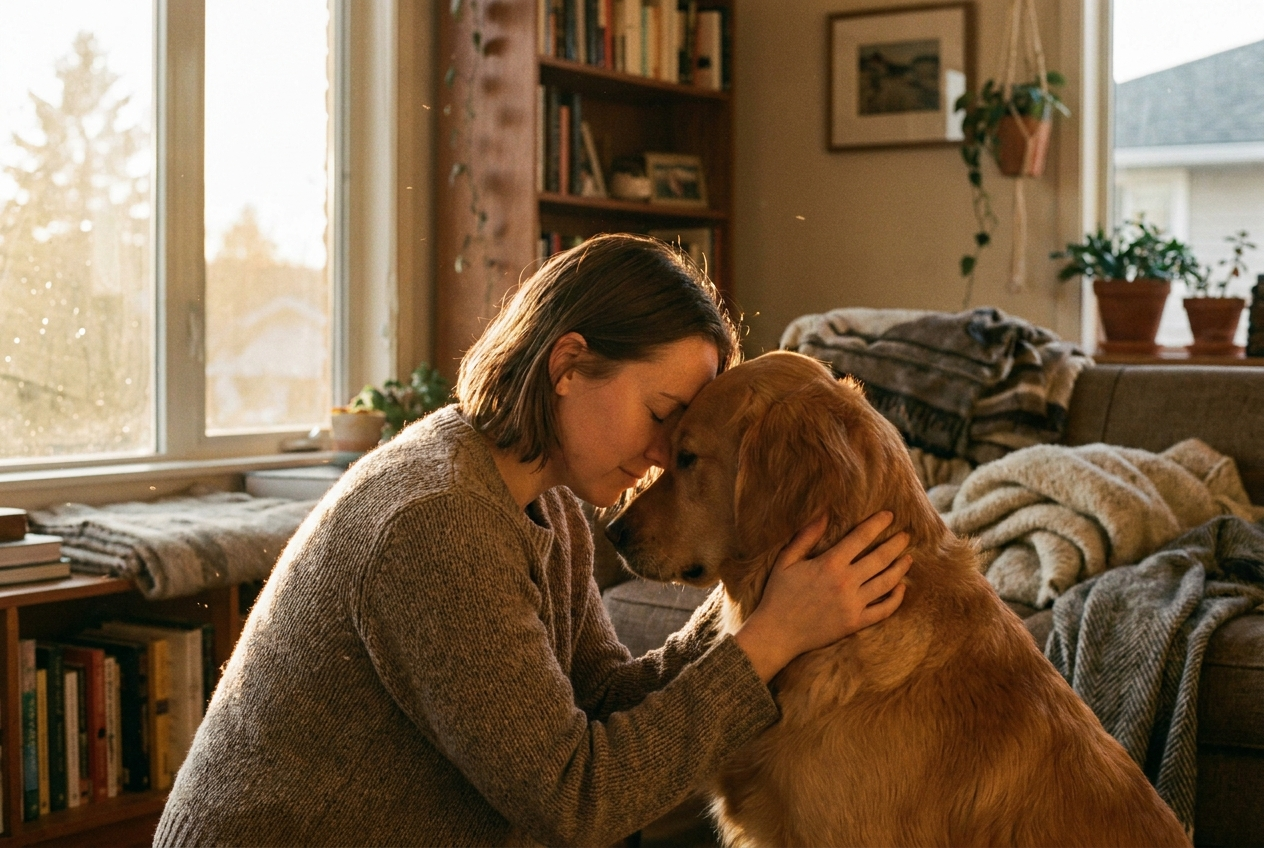 Mujer abrazando a su perro con cariño