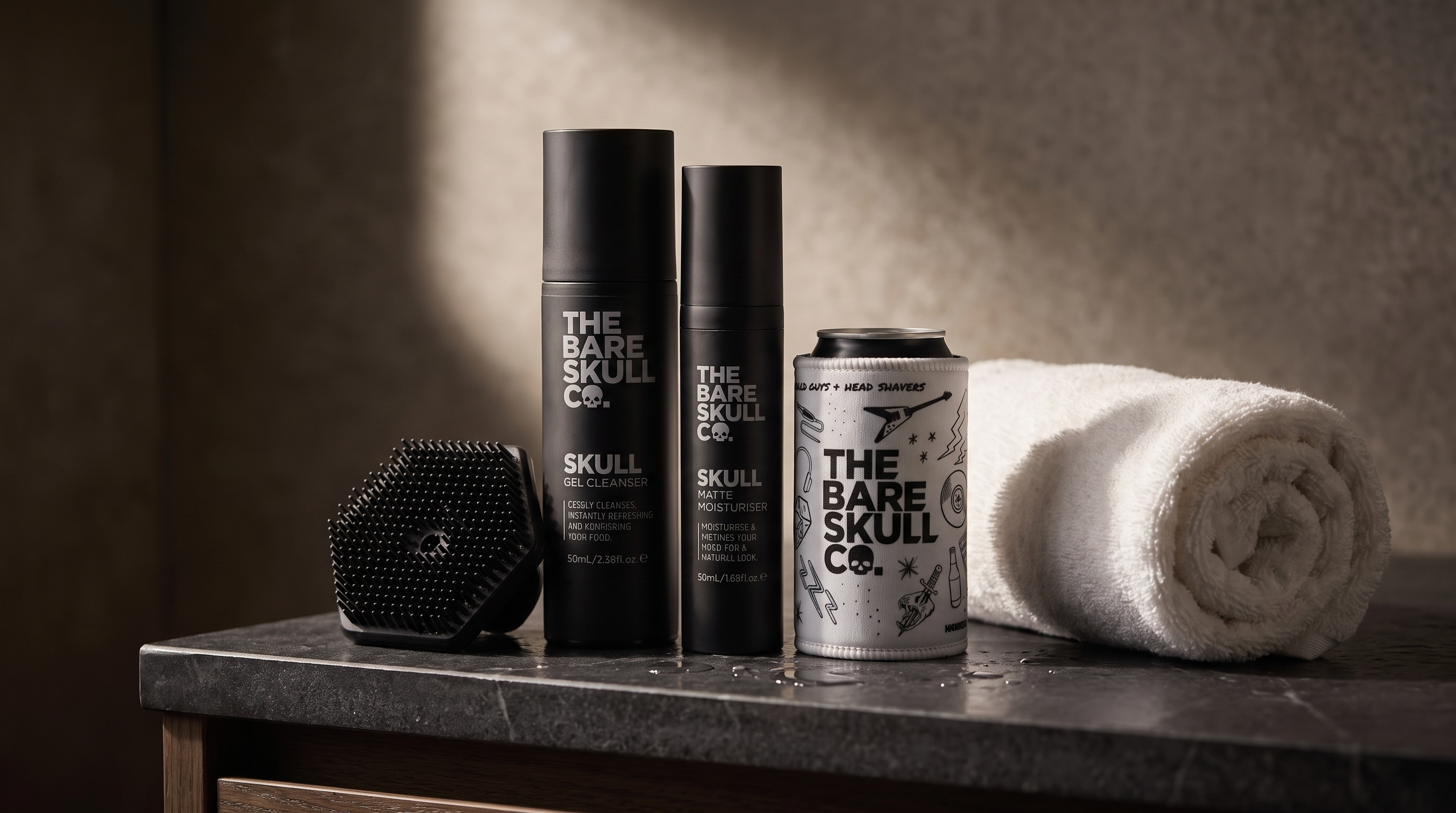 Father's Day gift set for bald dads, No Shine All Chill Dad Pack with stubby cooler on a charcoal counter