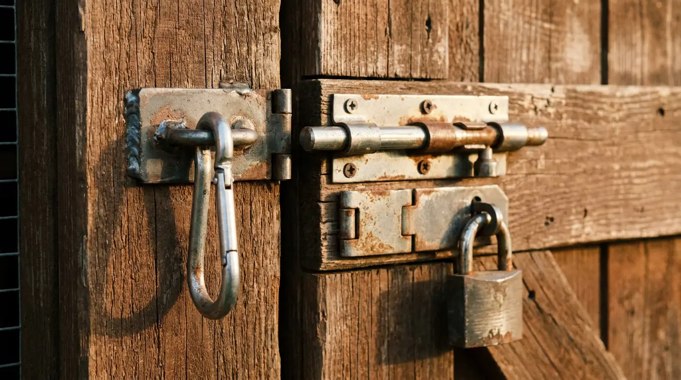 predator-proof locks and latches on a chicken coop door