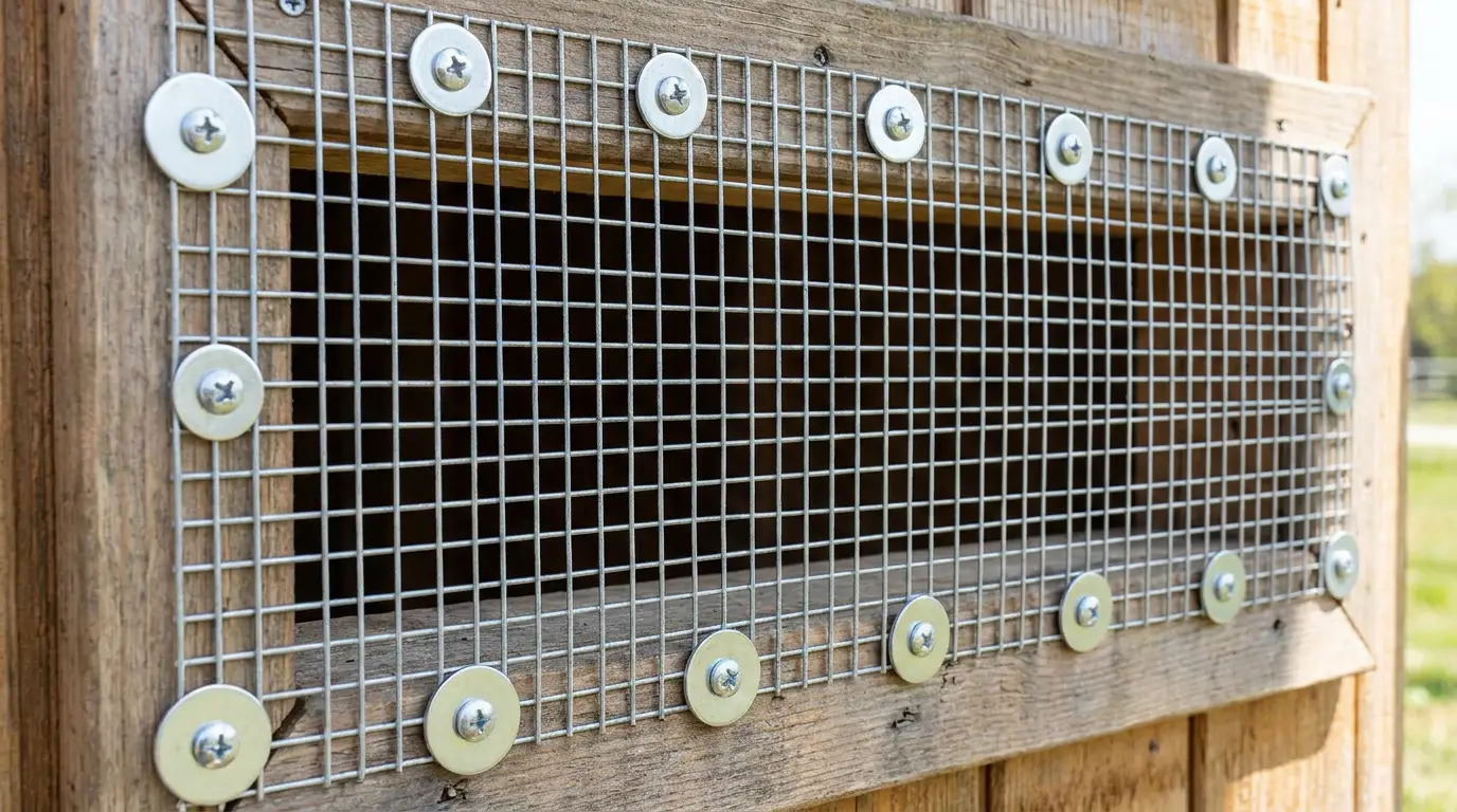 Hardware cloth properly secured on a chicken coop window