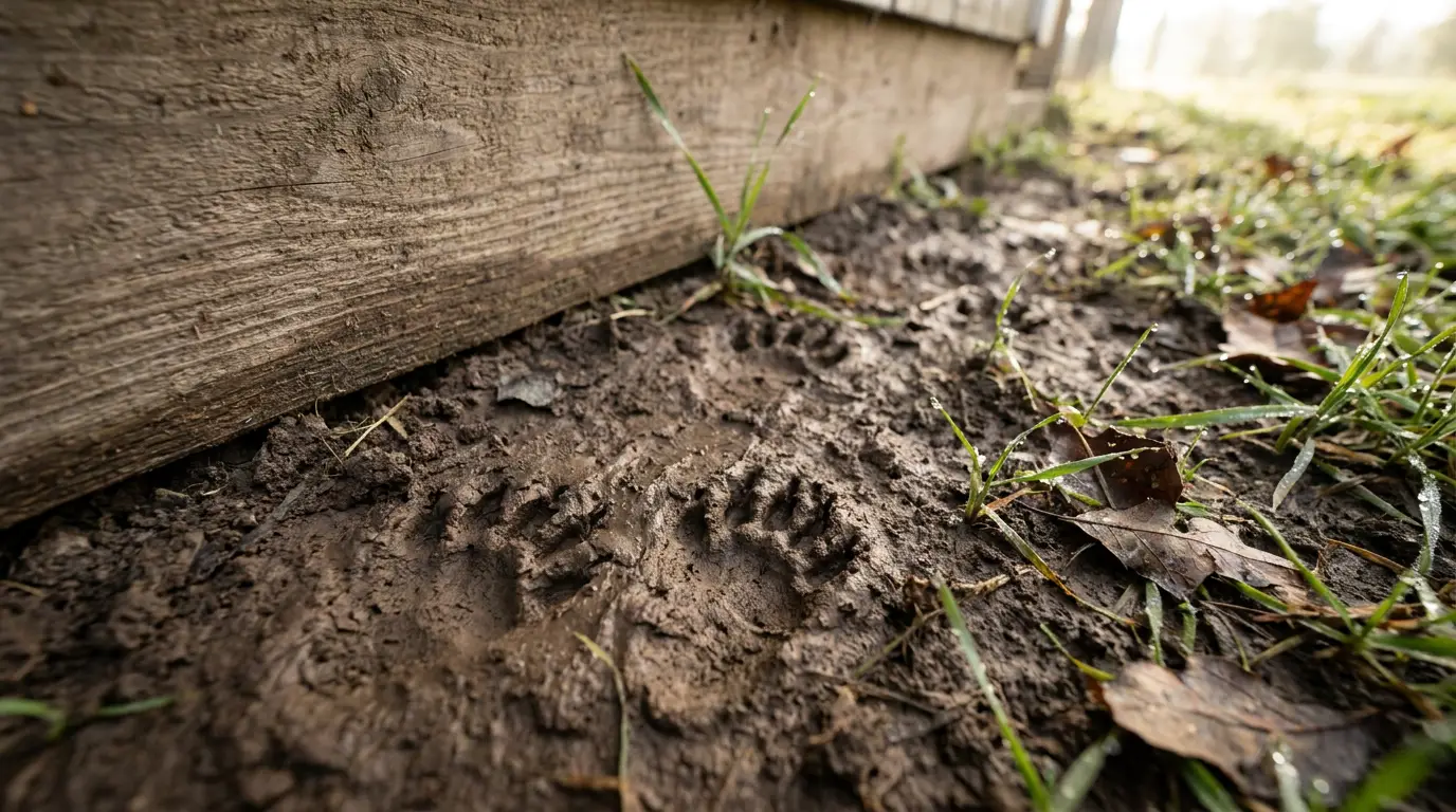 Raccoon paw prints in mud near a chicken coop wall