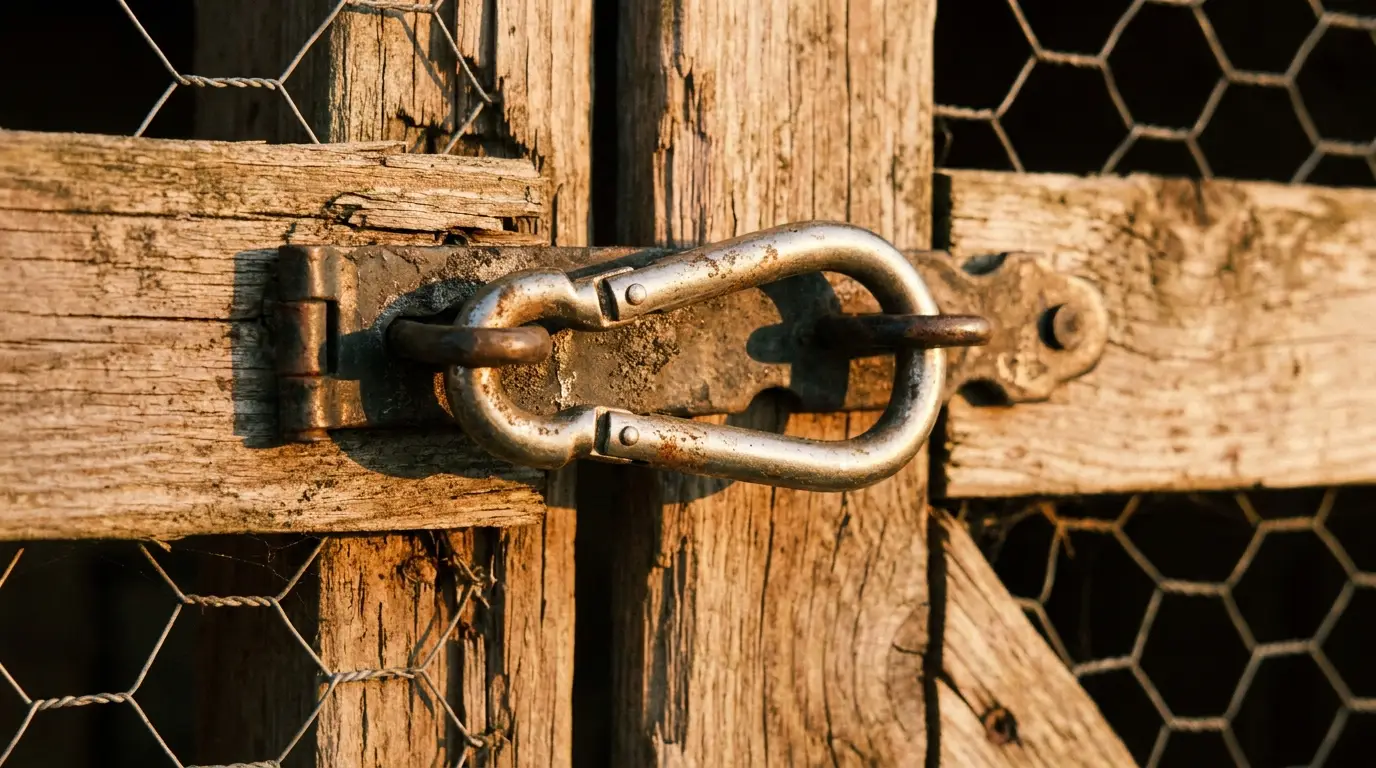 Carabiner clip latch securing chicken coop door against raccoons
