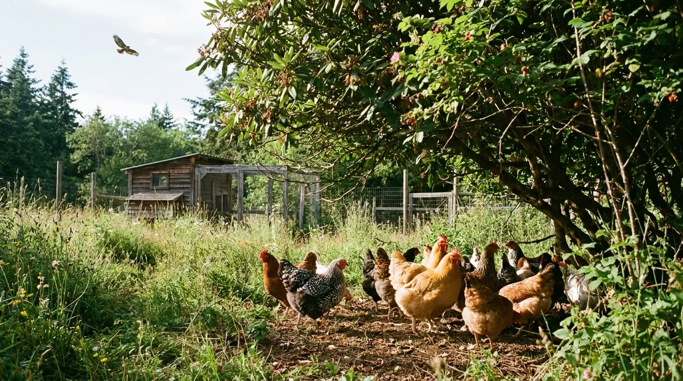Chickens sheltering under bushes for hawk protection