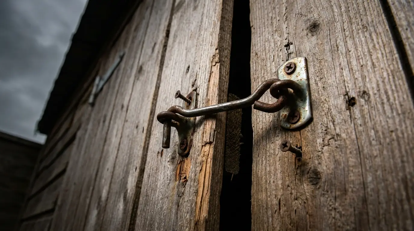 Flimsy hook-and-eye latch that raccoons easily open