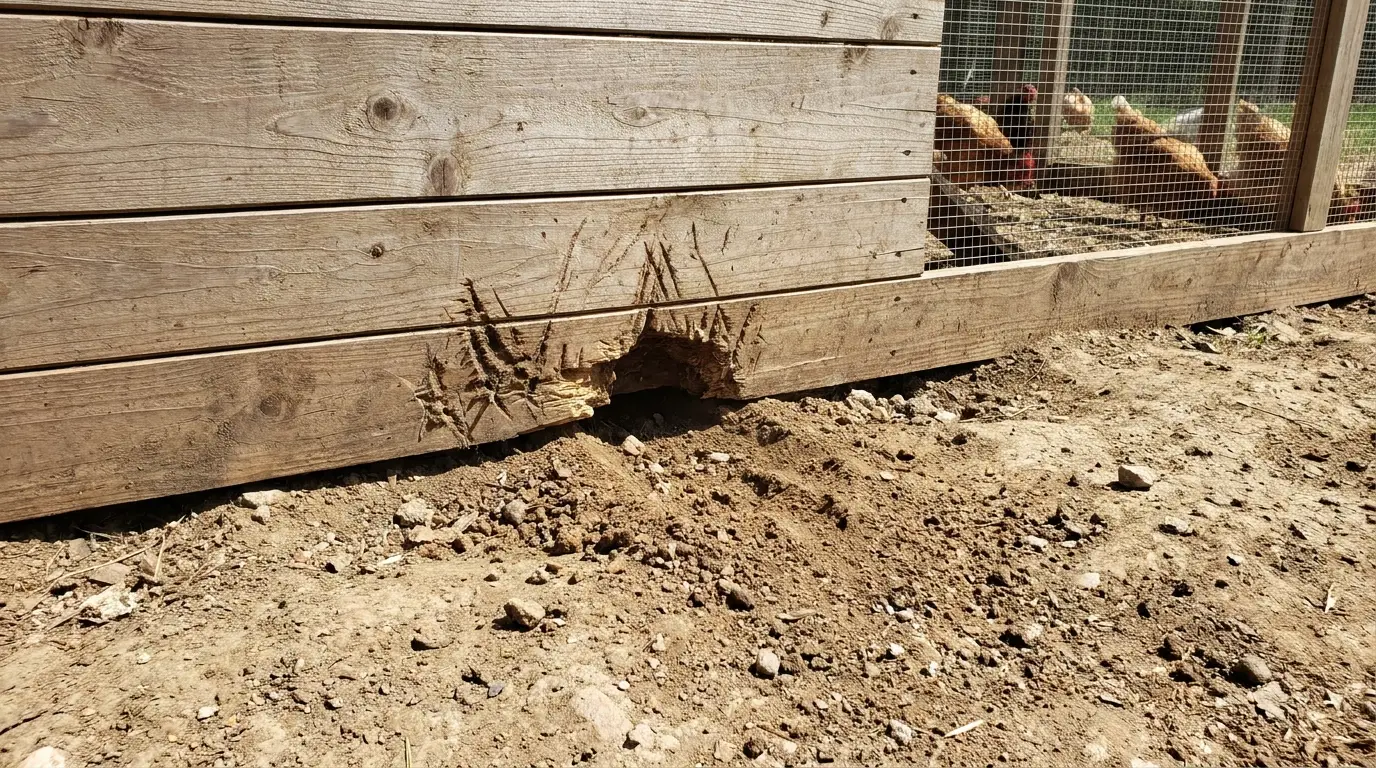 Gap under coop wall with dig marks