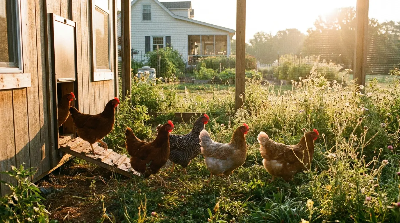 Chickens using door