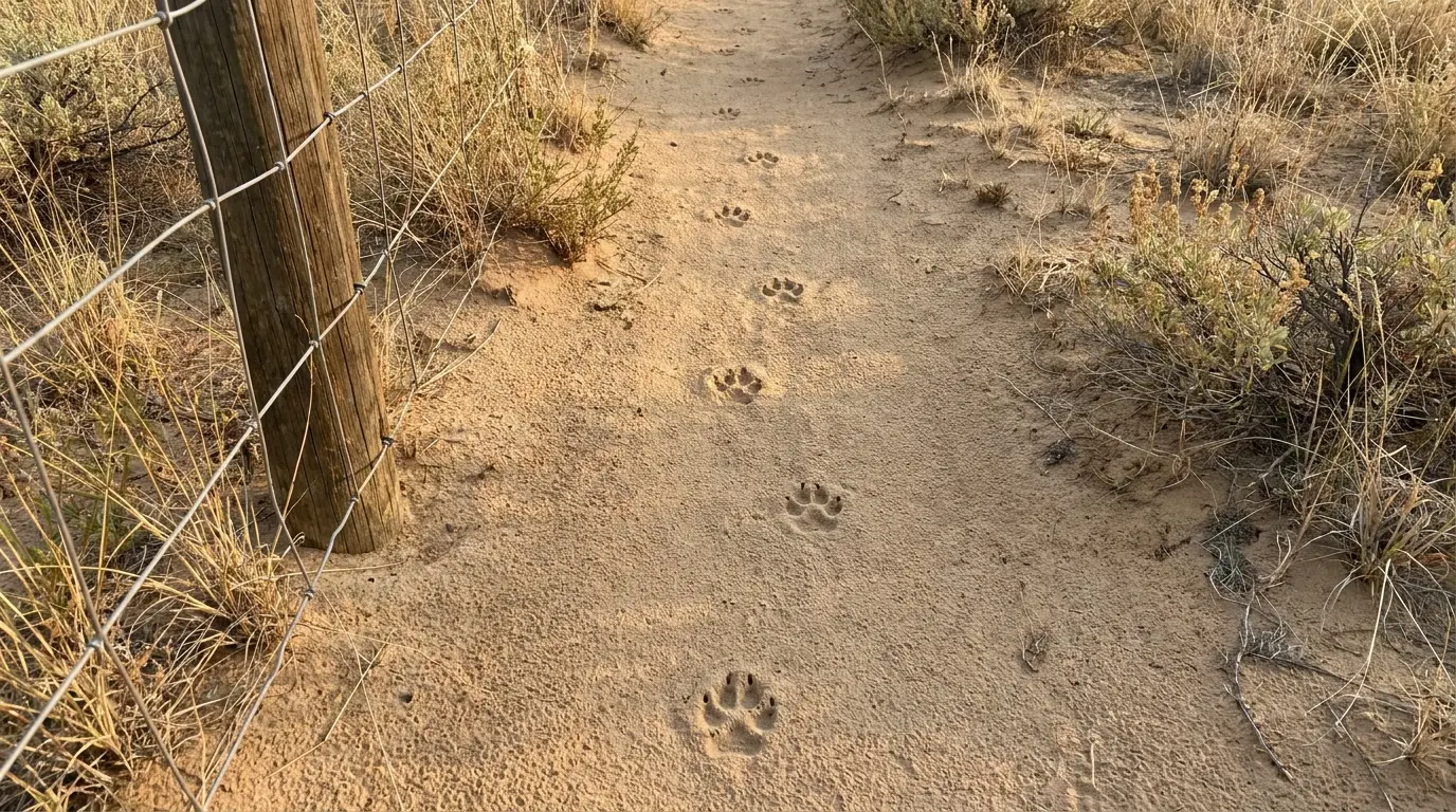Fox tracks in soil near fence