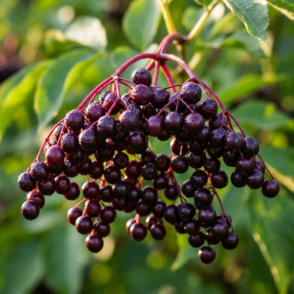 Cluster of dark purple elderberries