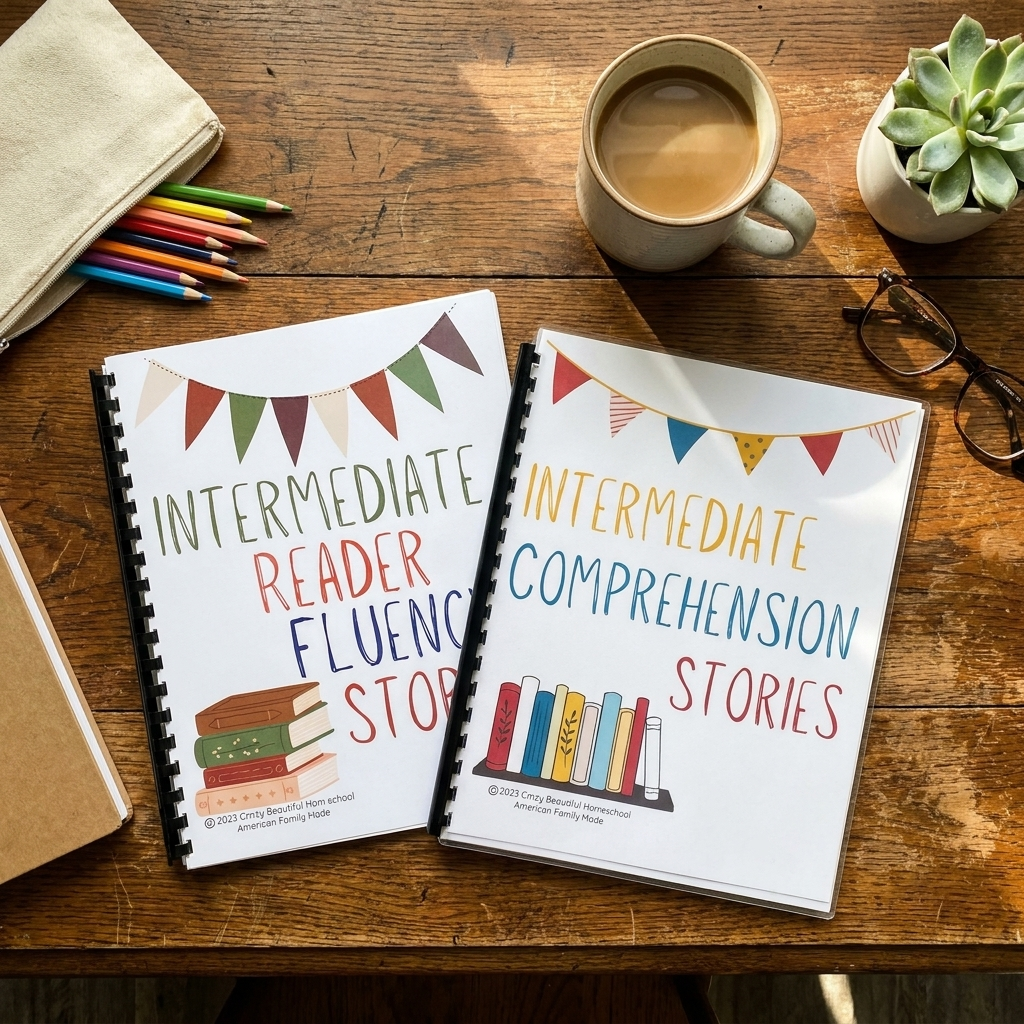 Bright Pages Fluency and Comprehension workbooks side by side on a warm wooden table