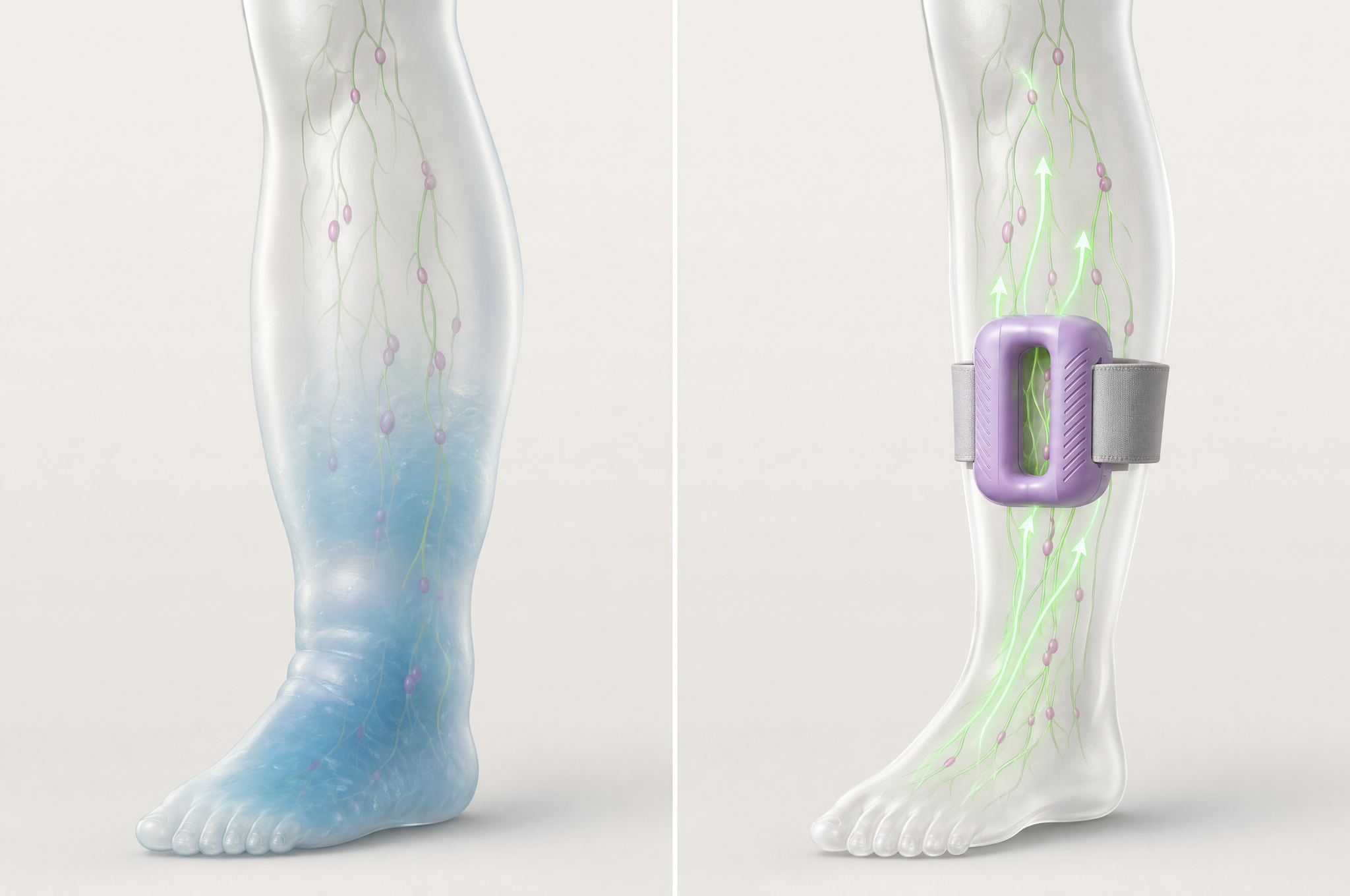 A still leg with fluid pooling, next to a leg with Vaebo moving fluid upward