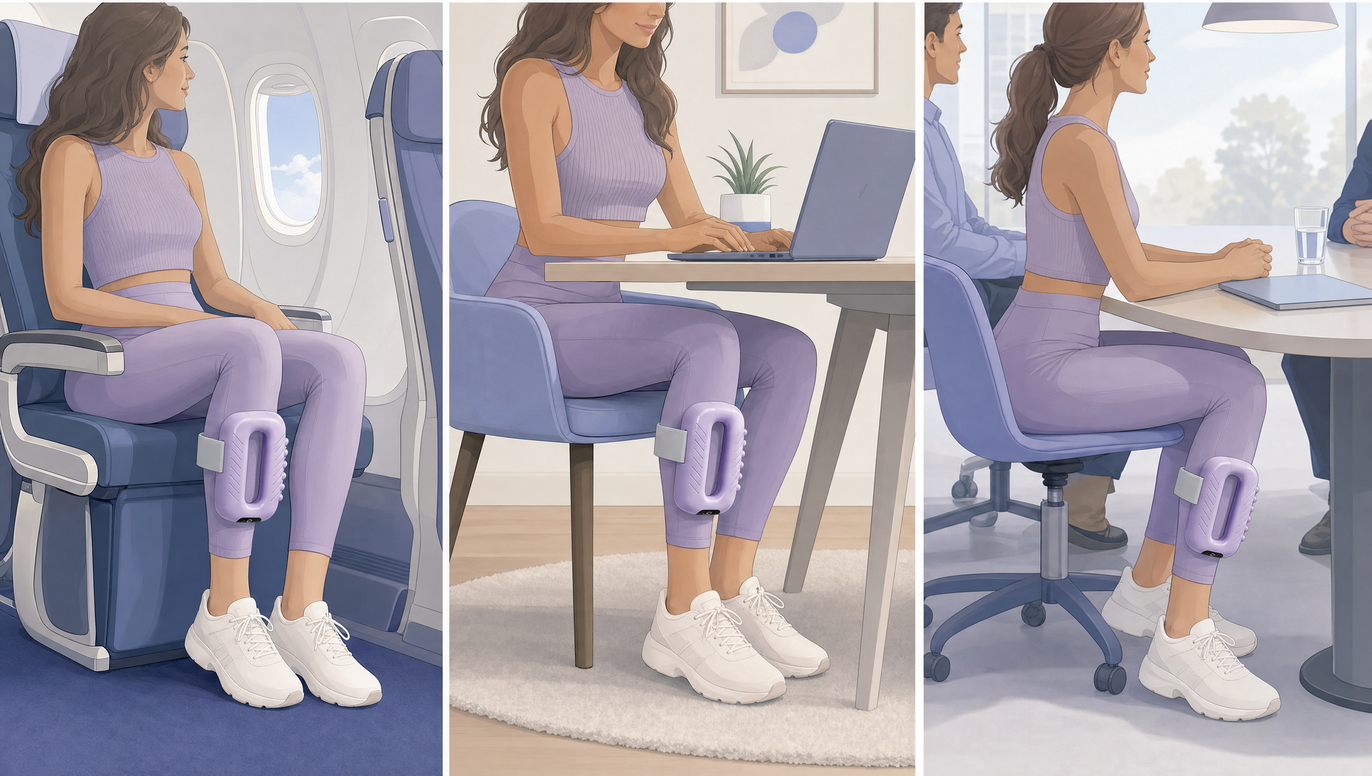 A woman seated on a flight, at a desk, and in a meeting with the Vaebo on her calf