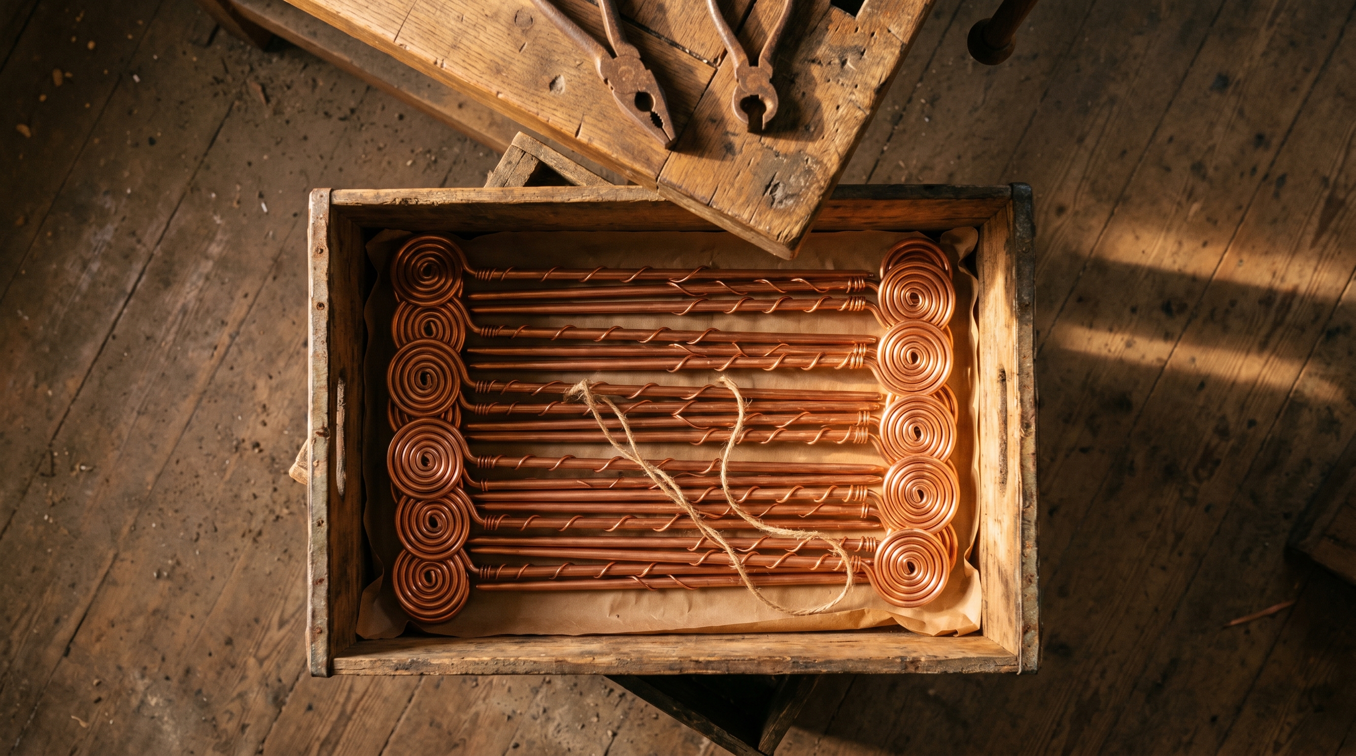 Overhead view of an aged wooden crate on a workshop floor.