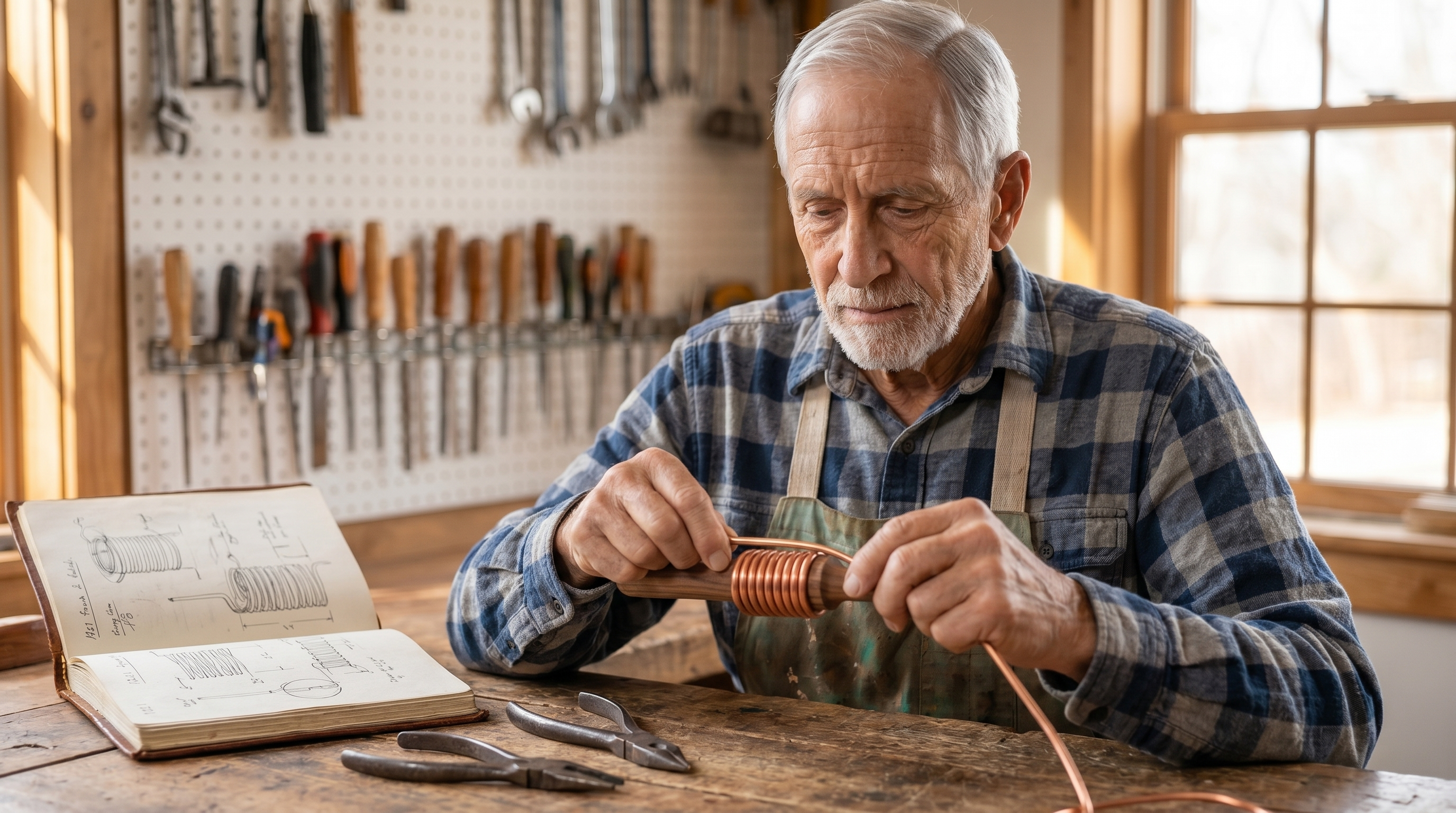 Henri Brossard at his oak workbench in West Asheville, fully absorbed in winding a copper wire coil around the walnut-wood mandrel.