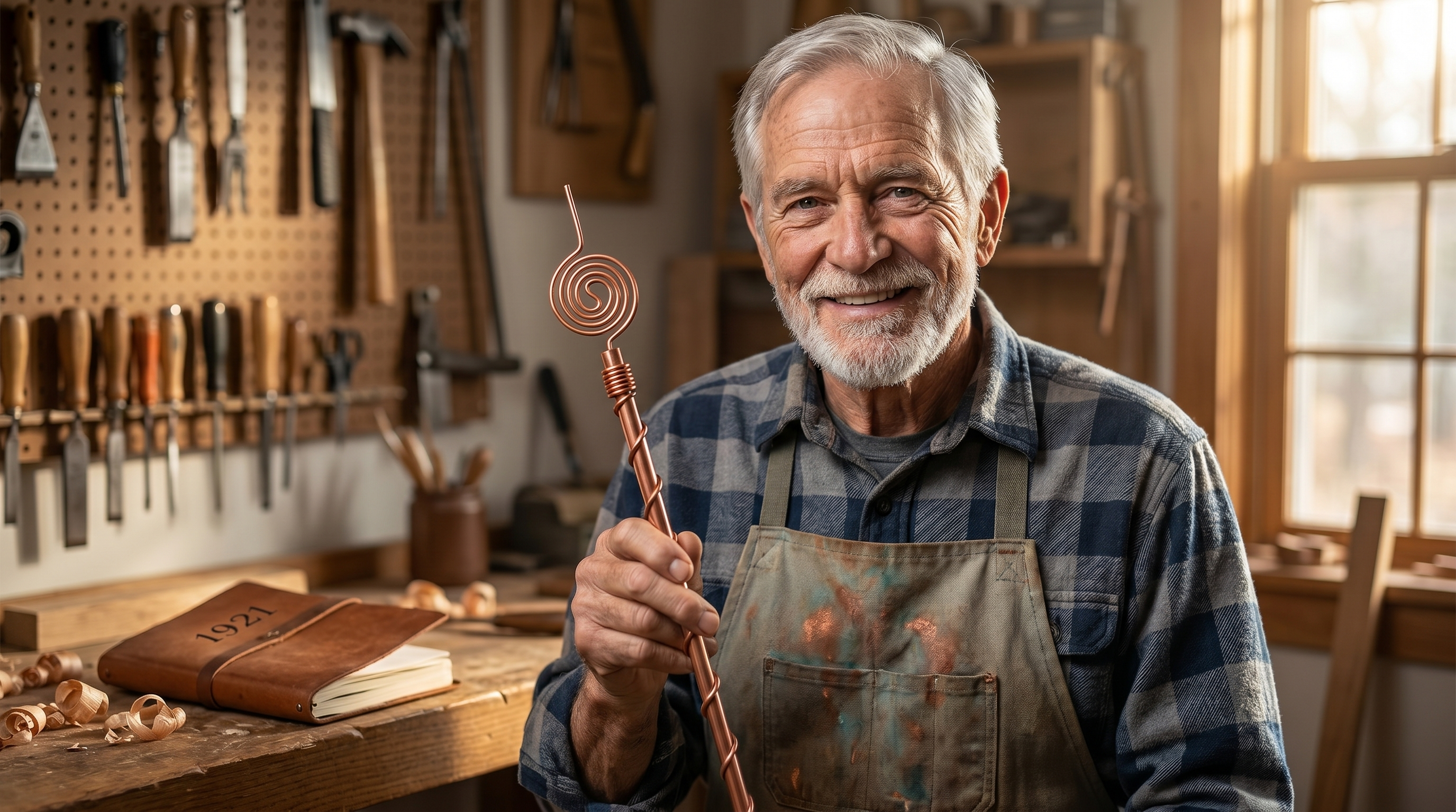 Henri Brossard in his West Asheville workshop, holding a finished hand-formed Brossard copper garden stake.