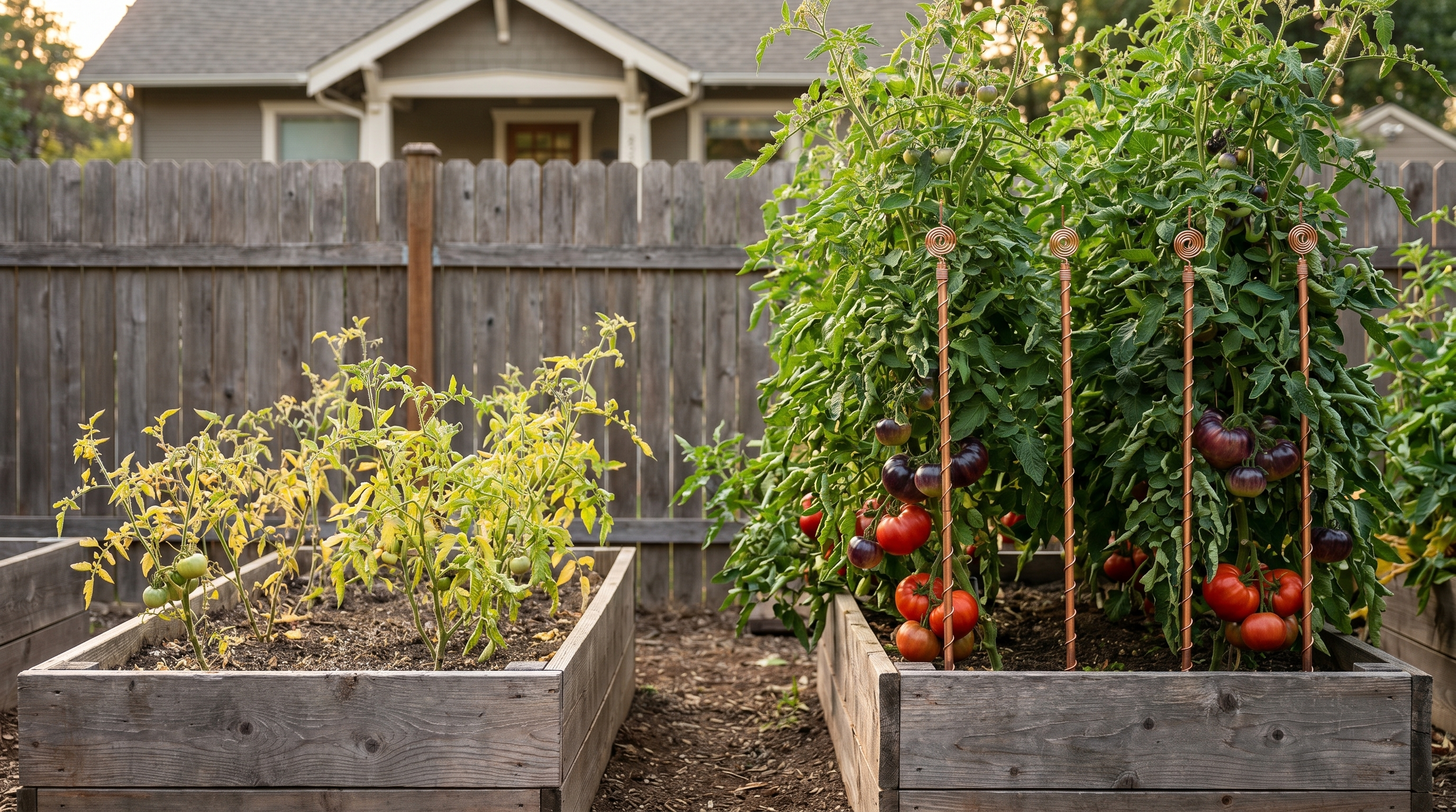 Side-by-side test of two identical raised cedar garden beds in an Asheville backyard.