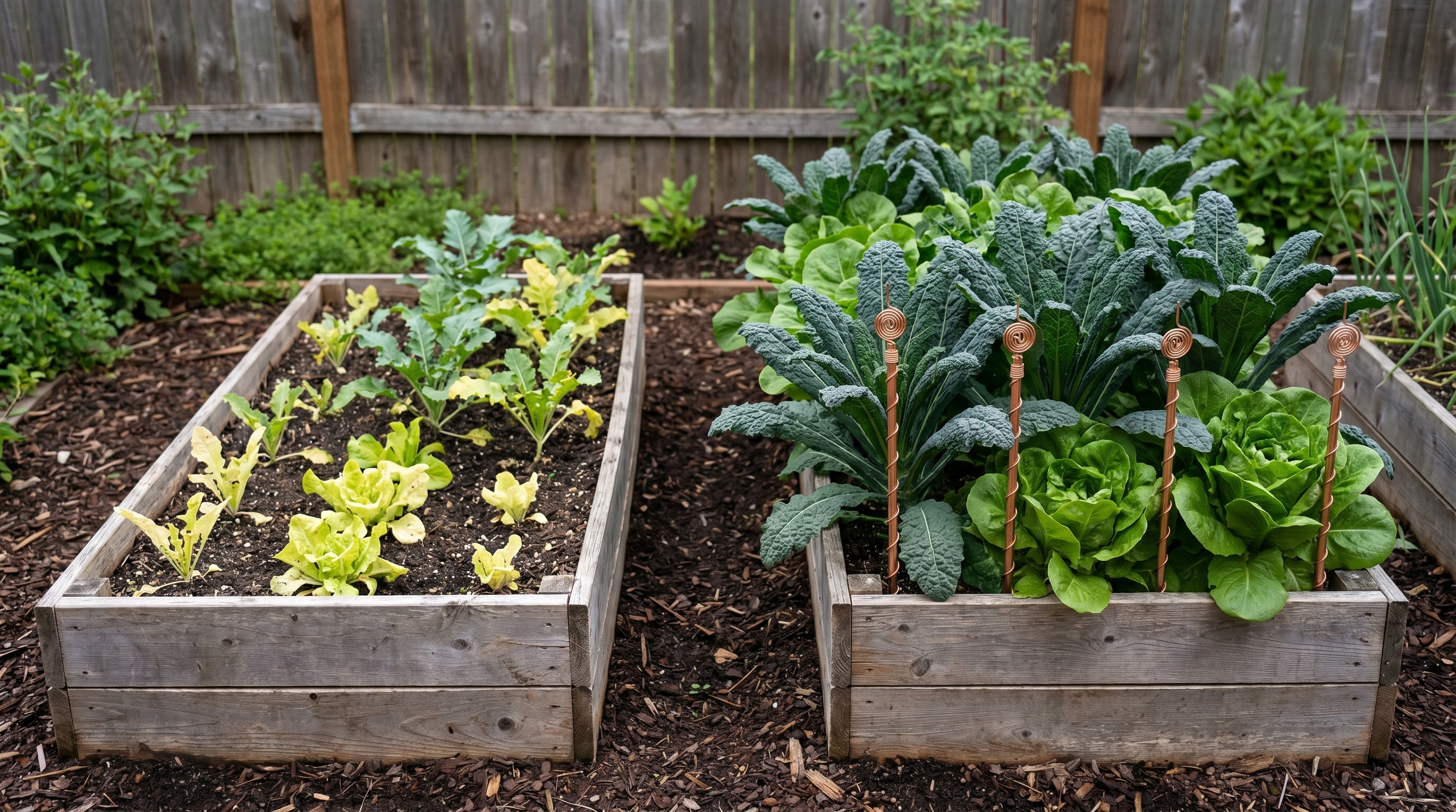Side-by-side test of two raised cedar beds of leafy greens.