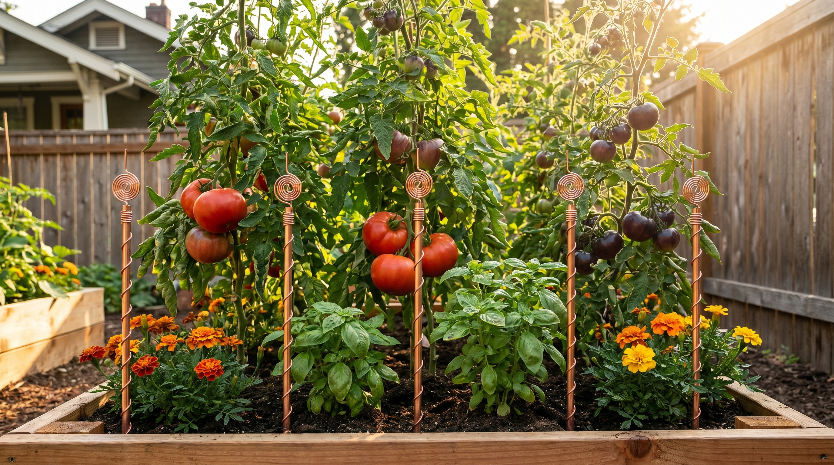 Wide shot of a raised cedar garden bed in a West Asheville backyard.