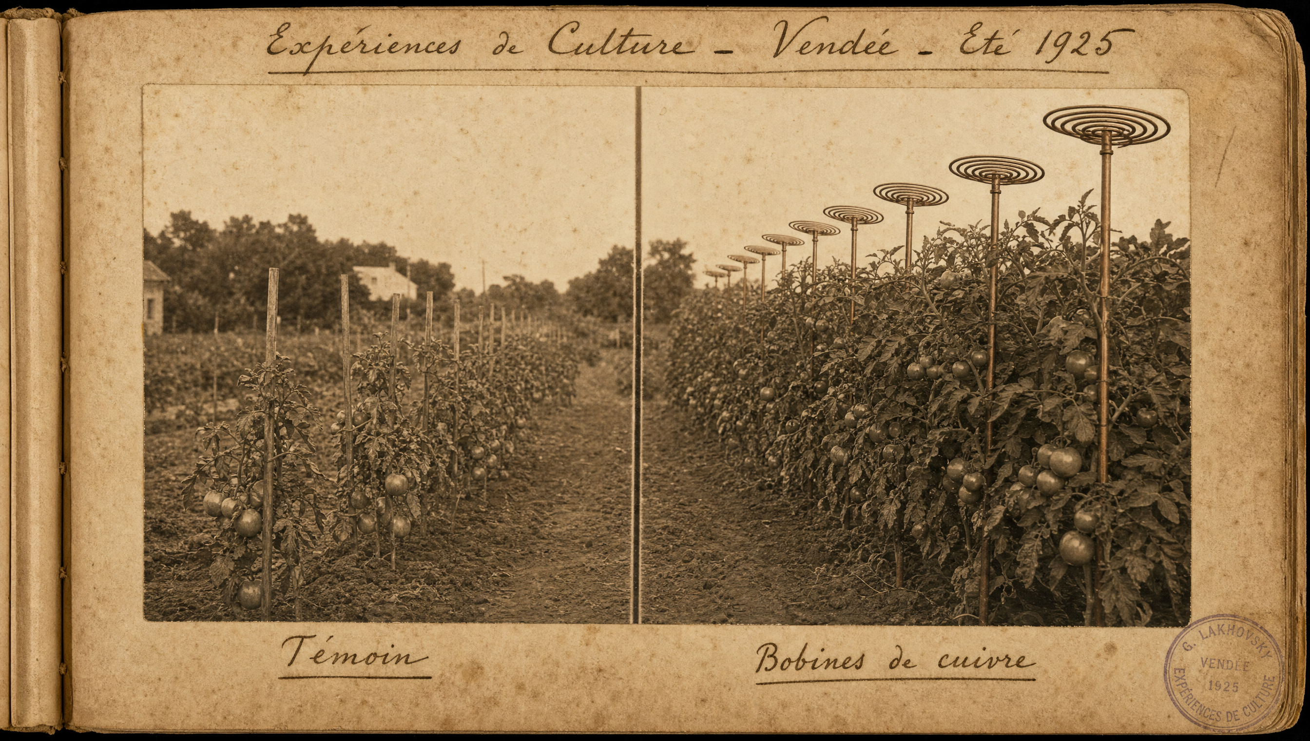 An archival 1925 page from a Vendée gardening journal showing two adjacent tomato plots side by side.