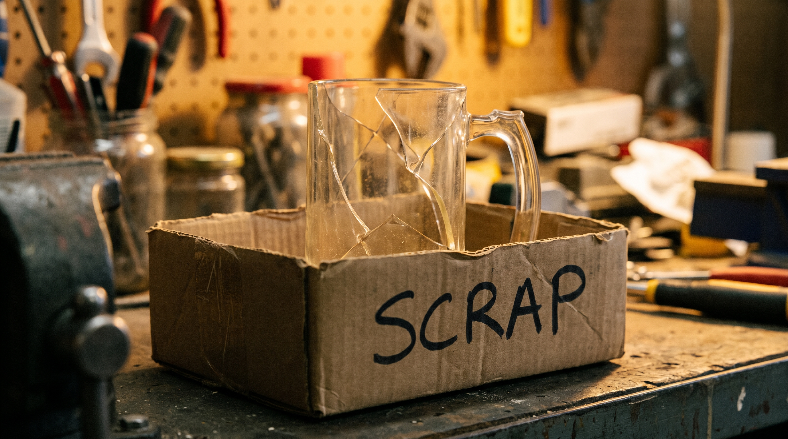 A cracked, discarded resin tankard in a cardboard box labeled SCRAP on Jack’s garage workbench