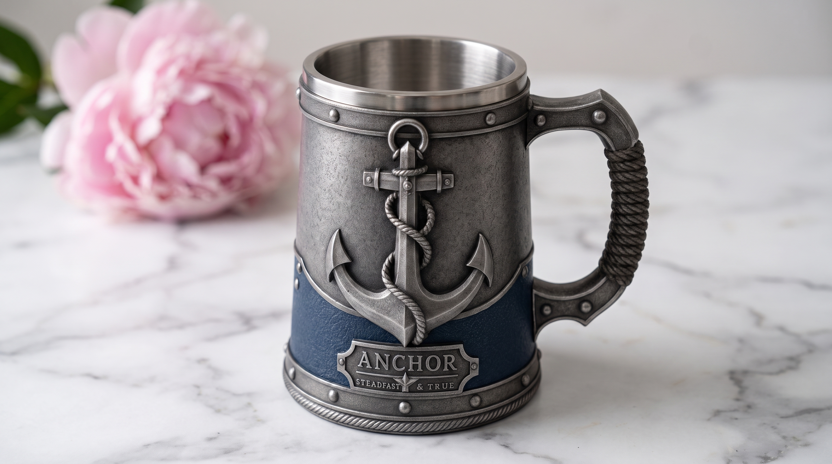 Close-up of the finished Navy Anchor Sculpted Tankard showing the rope-wrapped handle, sculpted relief body, and stainless rim