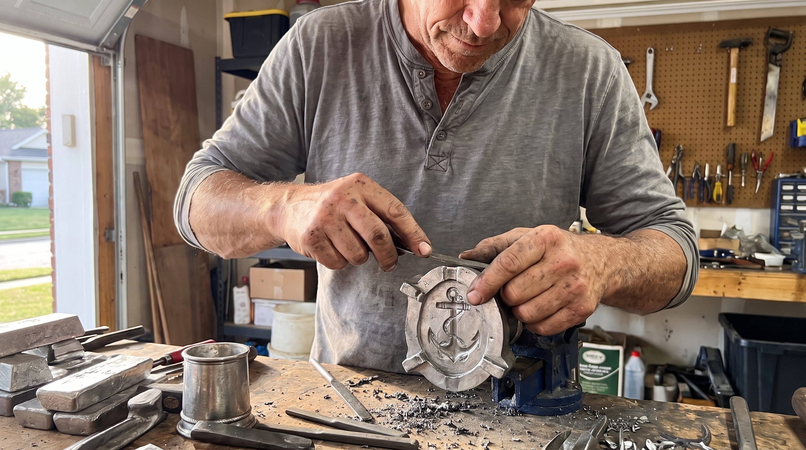 Close-up of Jack Kowalski’s hands working at his garage workbench with a mid-cast anchor mold