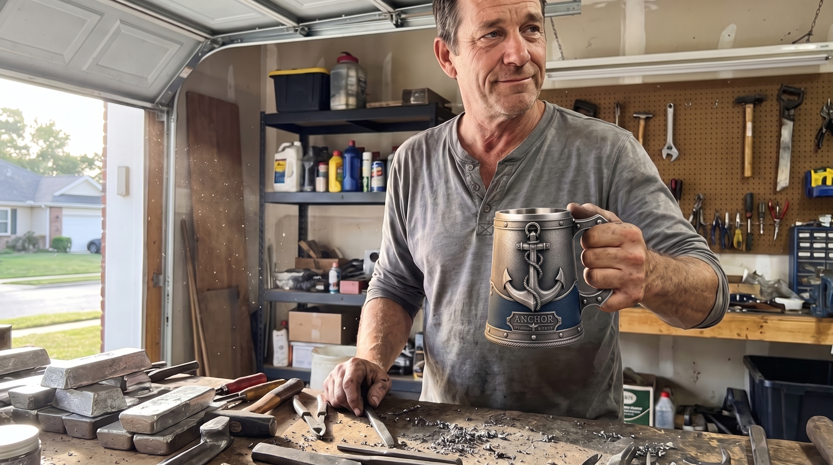 Jack Kowalski holding a finished Navy Anchor Sculpted Tankard in his Norfolk, Virginia garage workshop