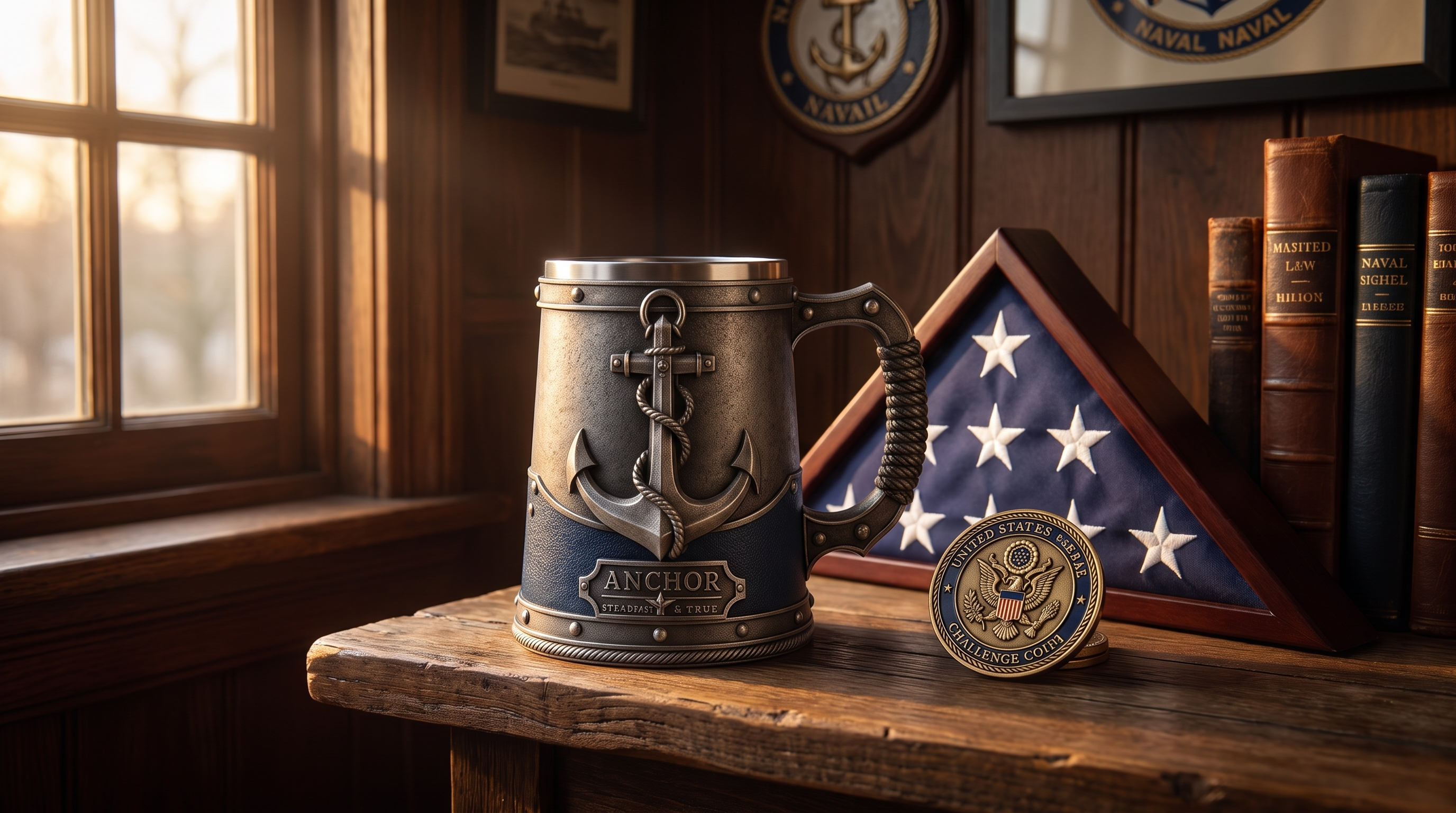 A finished Navy Anchor Sculpted Tankard on a wooden shelf next to a folded American flag and a challenge coin