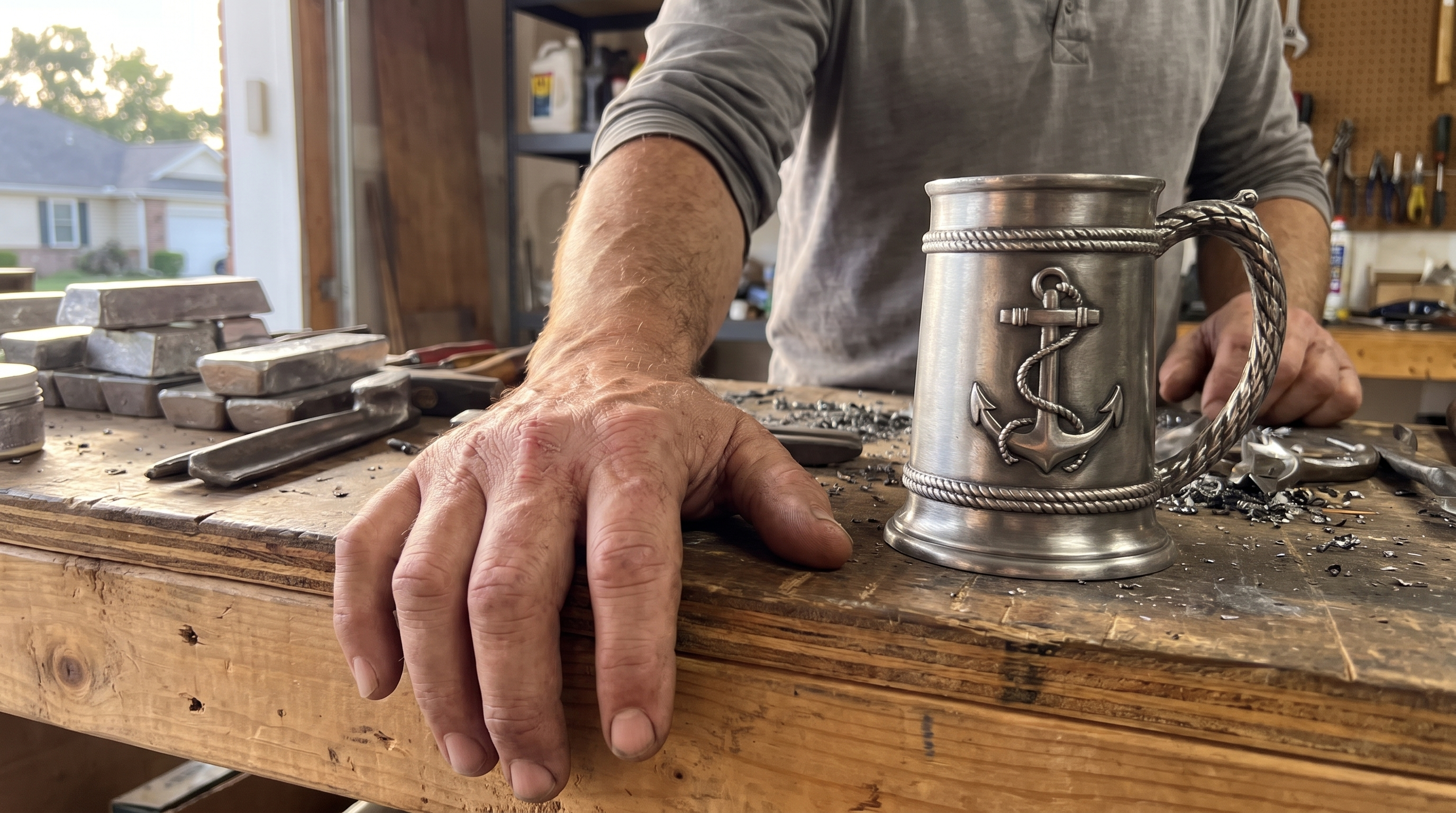 Close-up of Jack Kowalski’s right hand resting on the workbench next to a half-finished tankard
